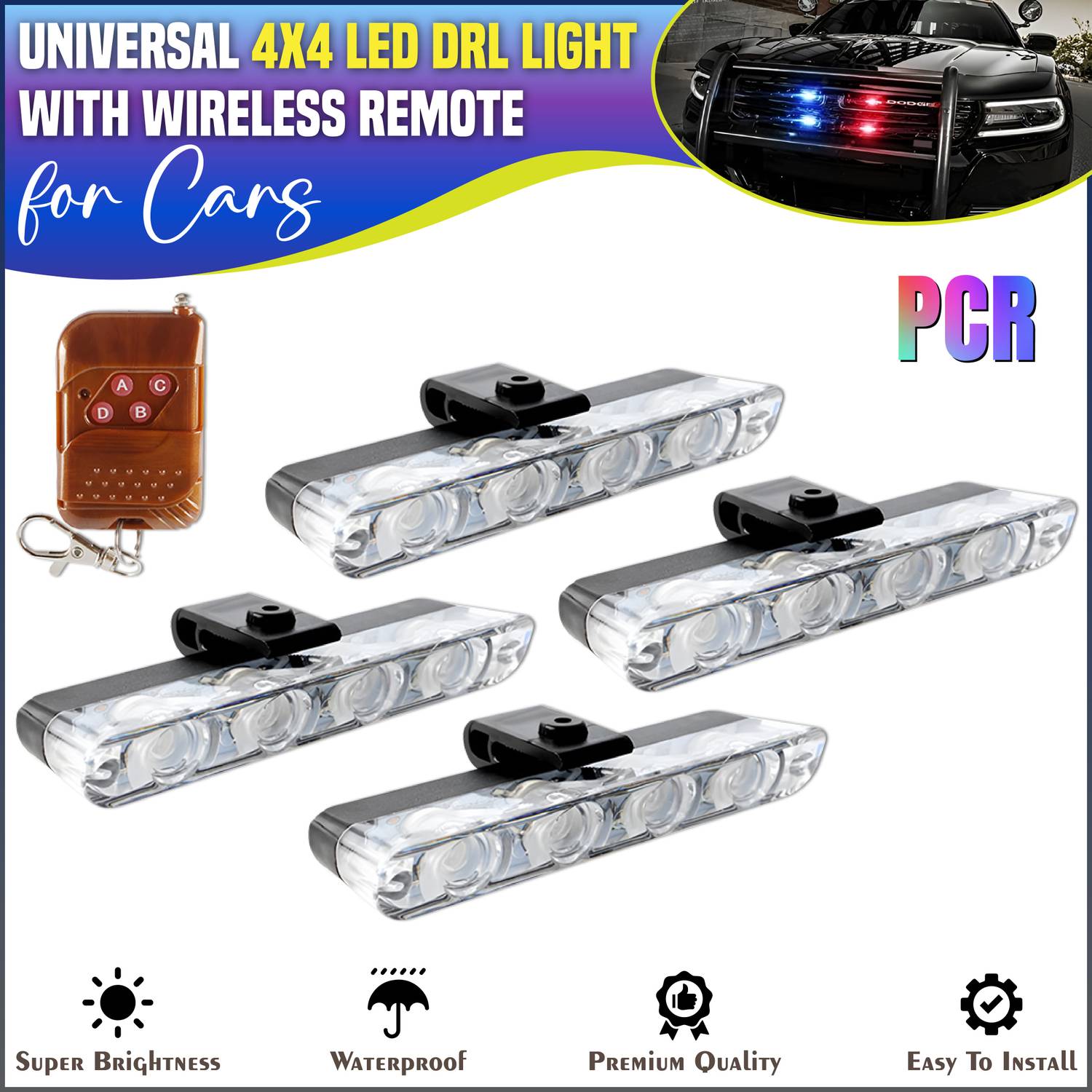 BRXR Car PCR LED Strobe Light Kit with Wireless Remote Control Multi-Mode Headlight Car, Van, Truck LED (12 V, 12 W)