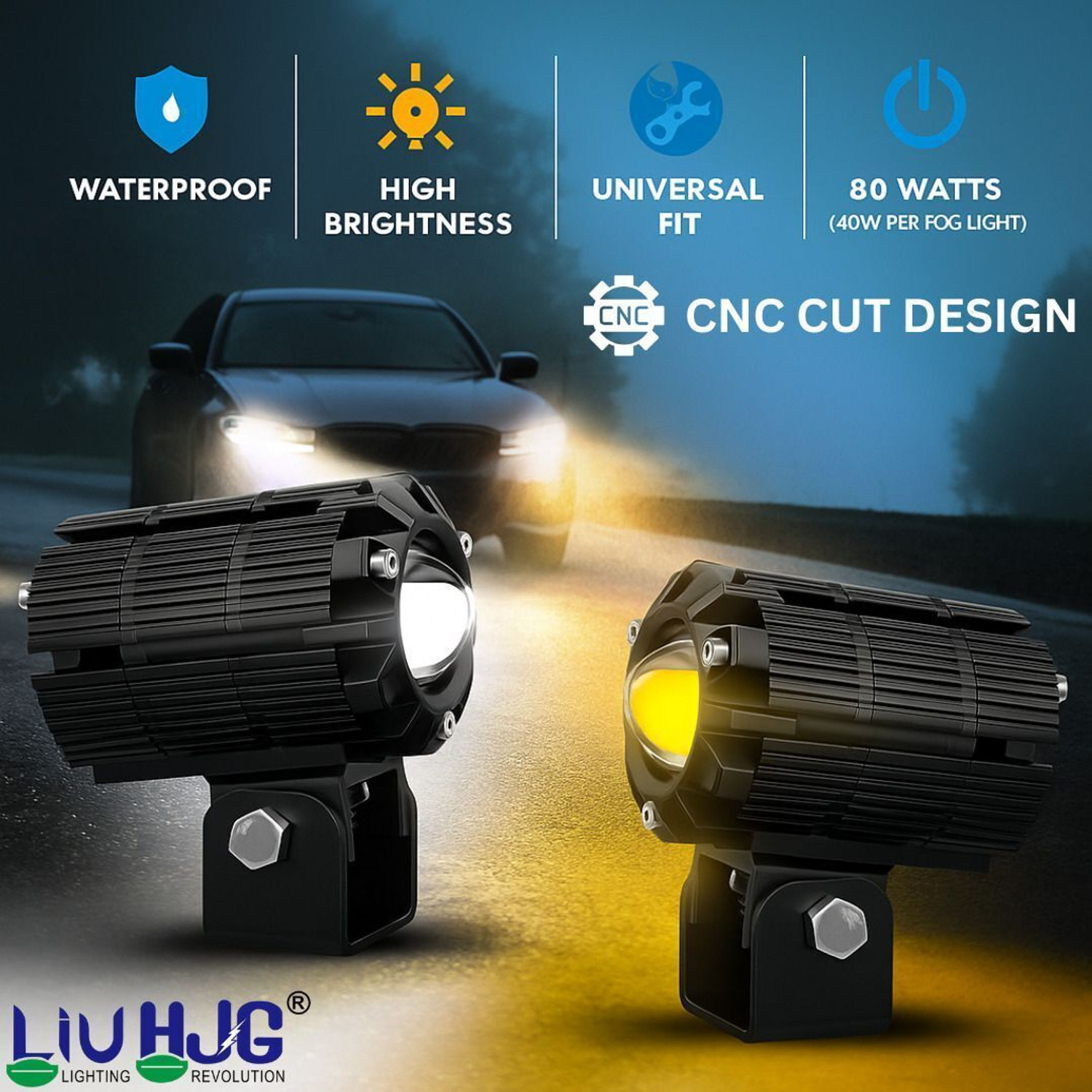 Image of LIU HJG CNC Cut Design Mini Drive Fog Light Yellow, White, Red Devil Eye Light 80W 12V Fog Lamp Car, Motorbike, Truck, Van LED (12 V, 80 W)