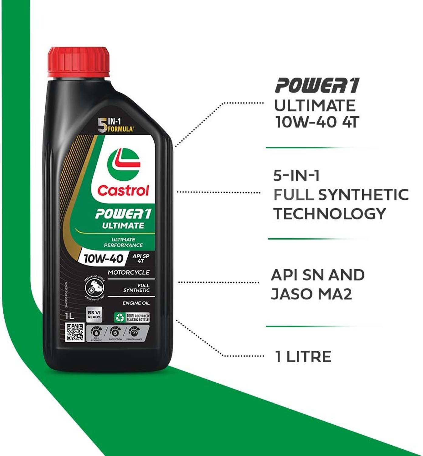 Castrol POWER1 ULTIMATE 10W-40 4T 5-in-1 Full Synthetic Oil - Image 3