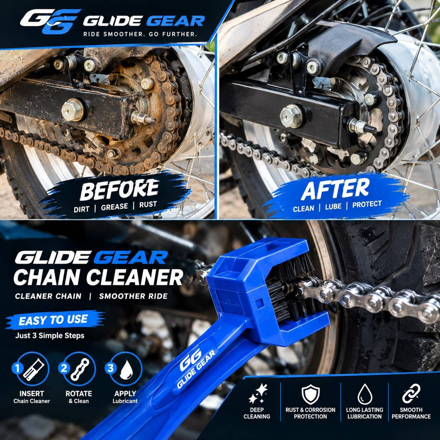 Image of Glide Gear Professional Bike Chain Cleaner And Lubricant Combo For Daily Maintenance High Performance Motorcycle Chain Care Combo With Cleaner Lubricant Chain Oil (300 ml, Pack of 3)