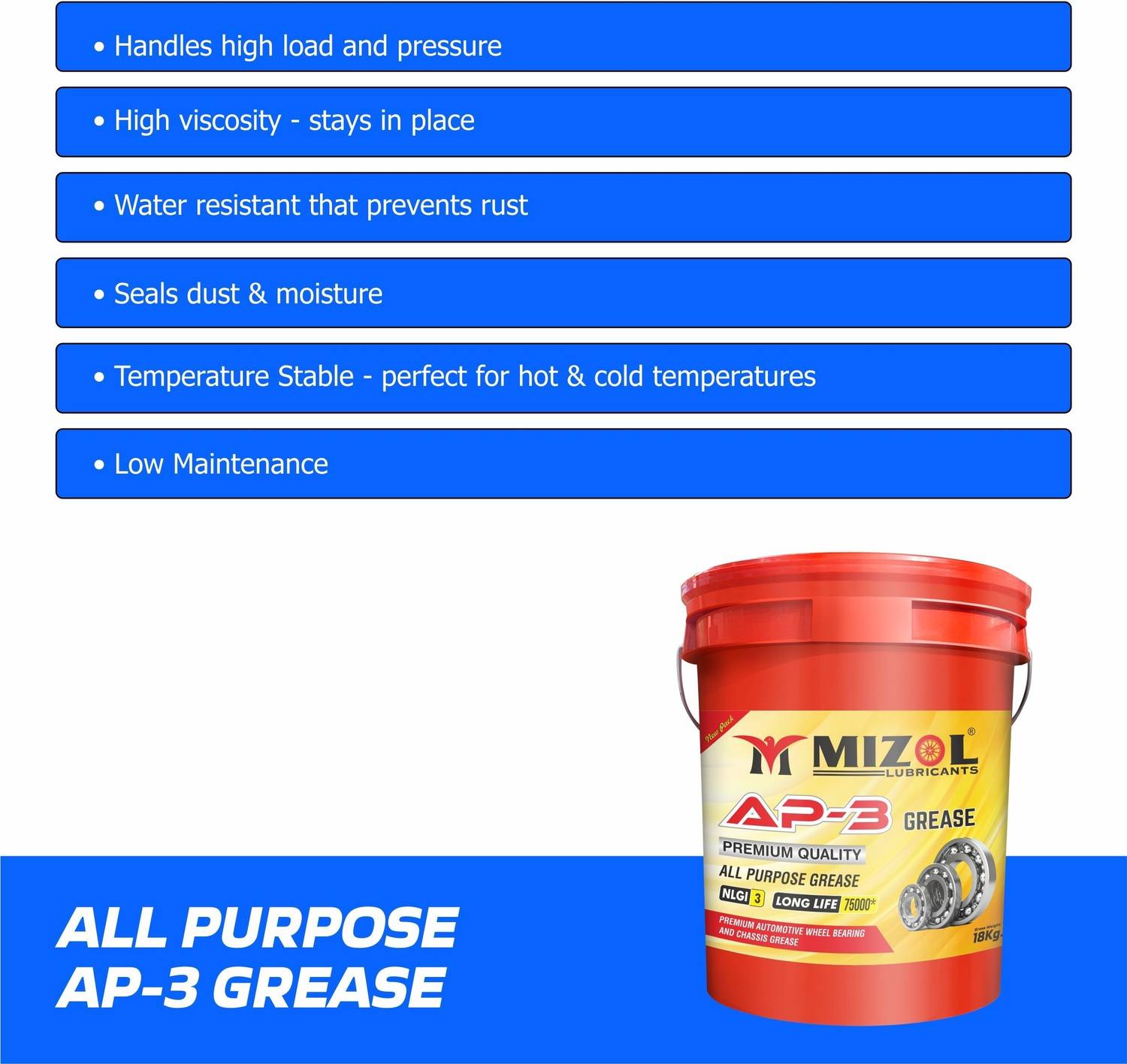 Mizol Premium Quality 18kg All Purpose NLGI-3 AP-3 Wheel Bearing