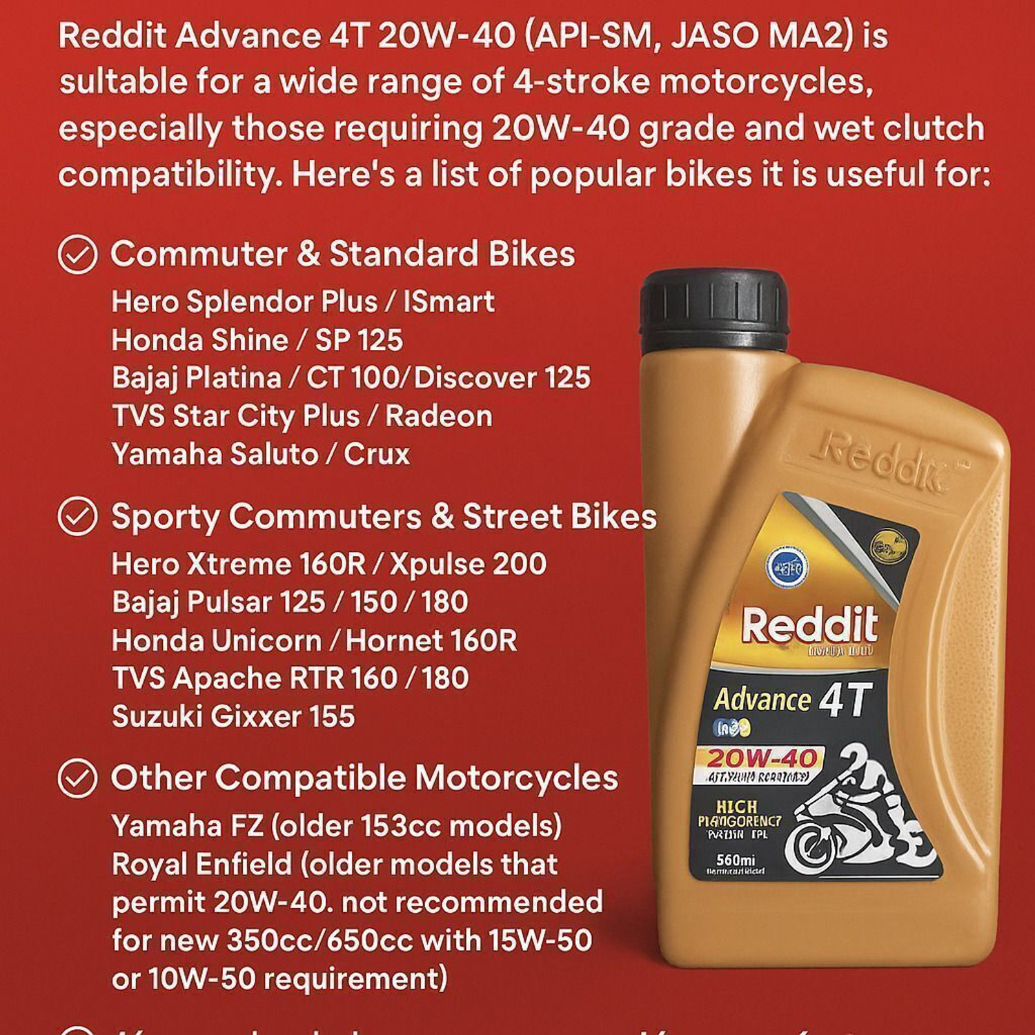 Image of Reddit 20W-40 ADVANCE 4T Smooth Ride of bikes [100-150cc]| JASO MA2, API-SM Full-Synthetic Engine Oil