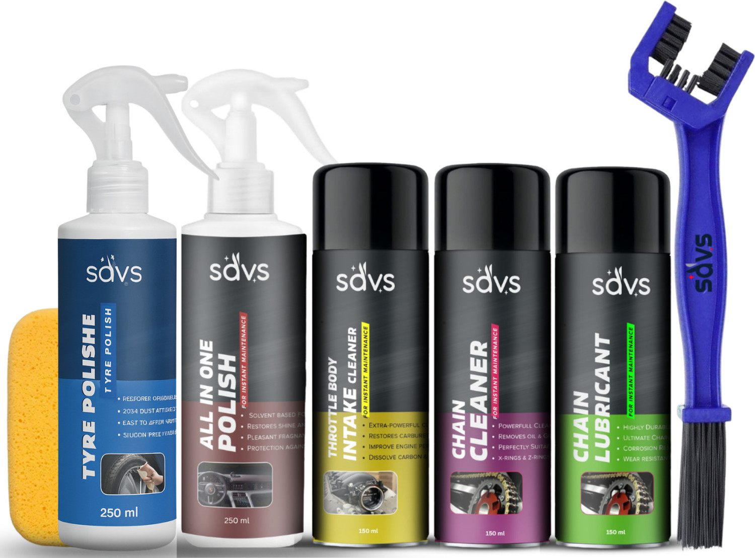 Image of SAVS Combo of Chain Lubricant + Chain Cleaner + Throttle Body Cleaner + All in 1 Polish + Tyre Polish + Cleaning Brush With Sponge Protects Heavy Cleaning Kit Chain Oil