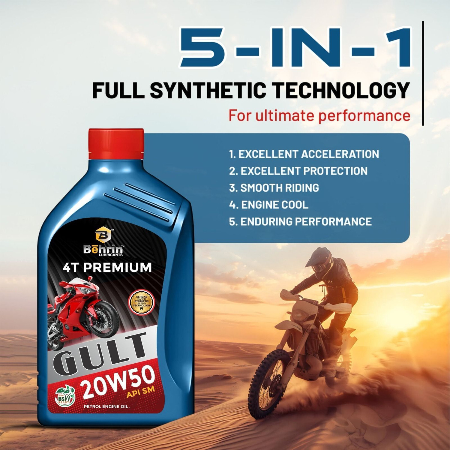 Image of behrin PREMIUM LUBRICANTA API-SN BS6 READY Synthetic Blend Engine PACK 1 GULT 20W 50 4T Synthetic Blend Engine Oil