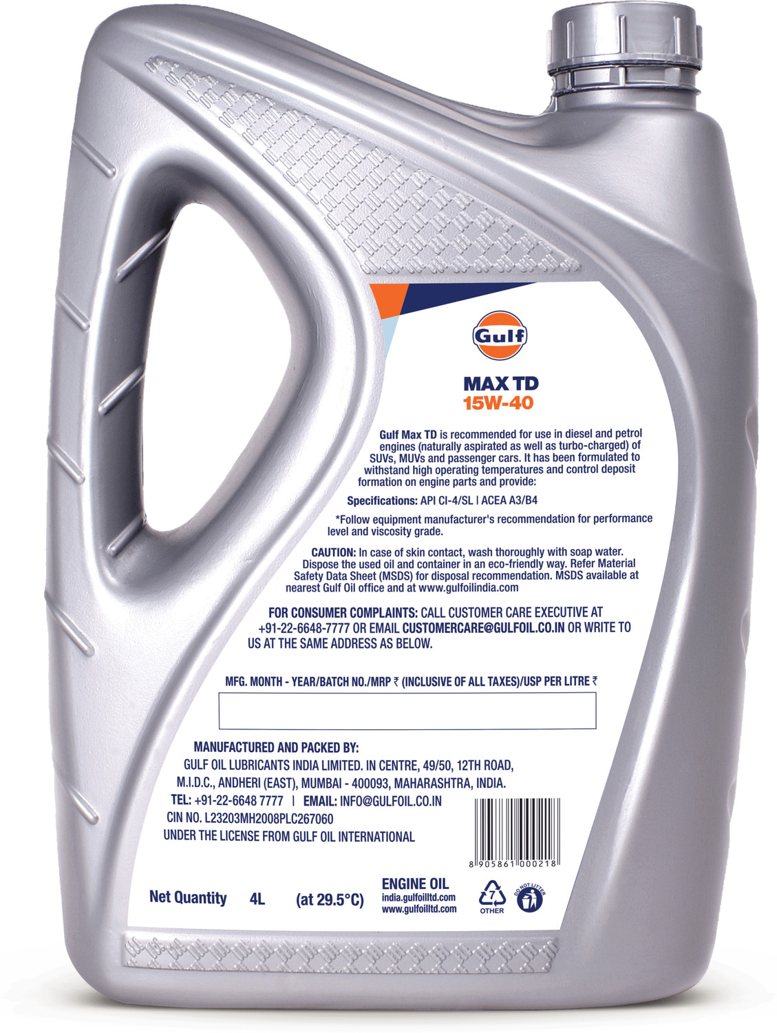 Image of Gulf MAX TD 15W40 API CI-4 /SL, ACEA A3 /B4|Petrol, Diesel SUV, MUV & Passenger Cars | 4 Wheeler High Performance Engine Oil