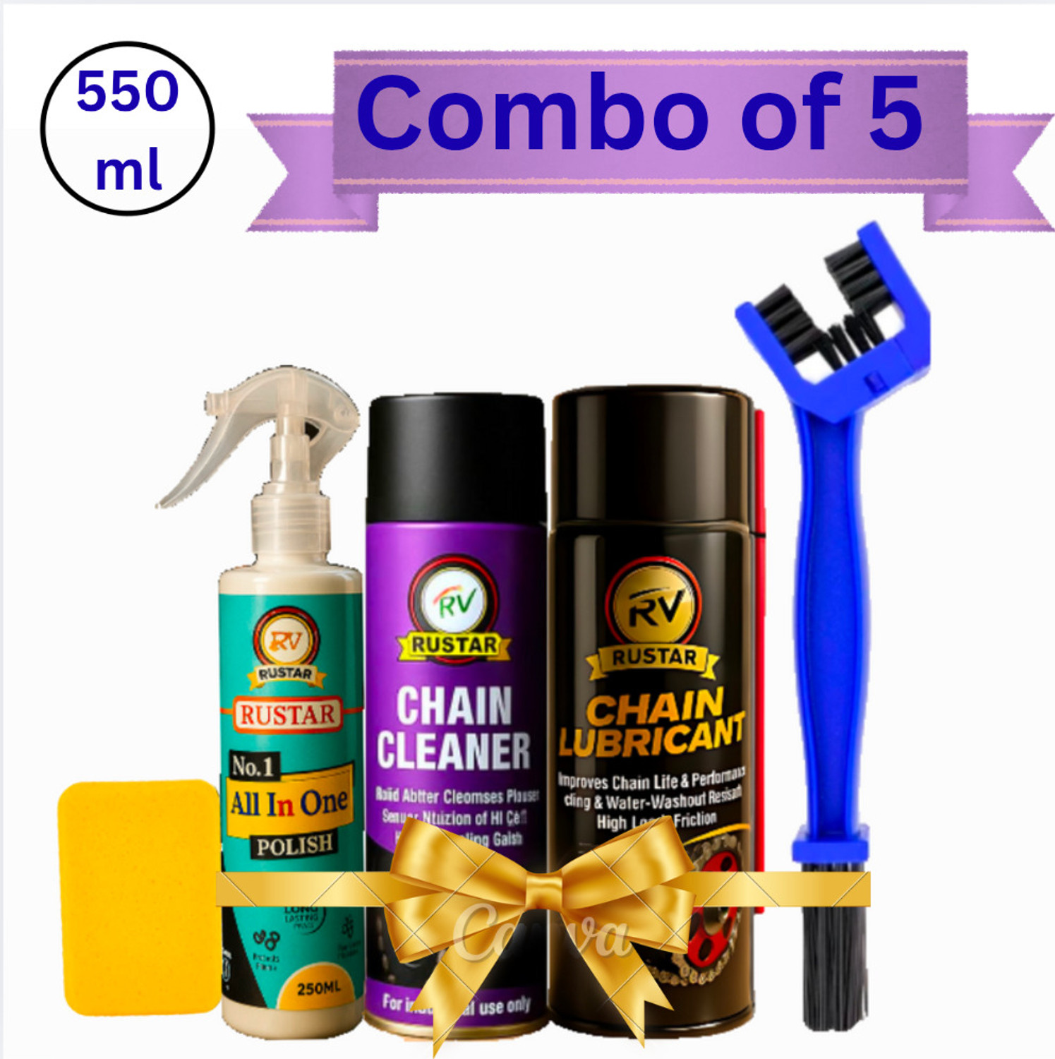 Image of RVRustar Combo of Chain Cleaner+ Chain Lube+ Car & Bike Polish with Chain Brush Chain Maintenance kit Chain Oil