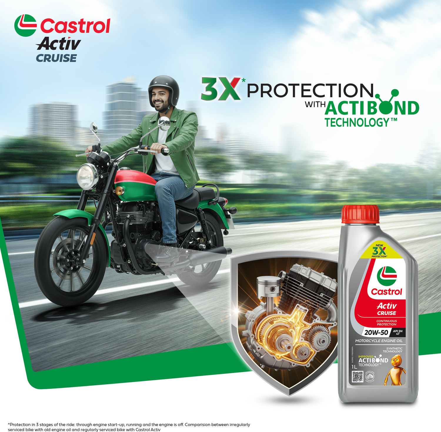 Image of Castrol Activ CRUISE 20W-50 4T for Bajaj Bikes 3X Protection with Actibond Technology for Bikes|API SN & JASO MA2 Synthetic Blend Engine Oil