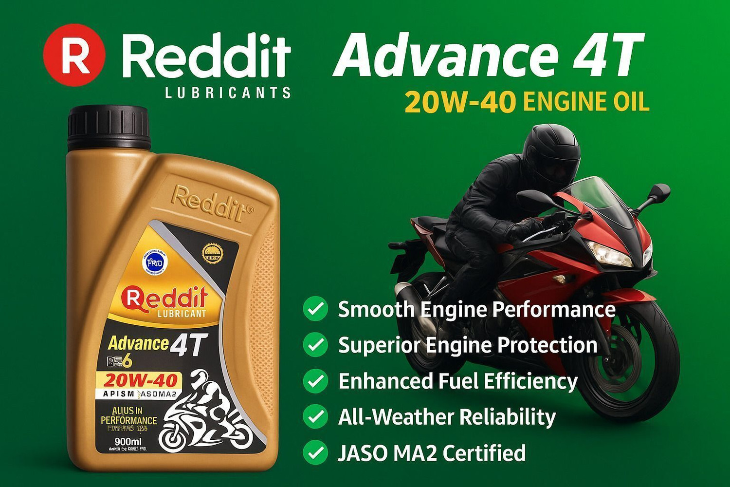 Image of Reddit 20W-40 ADVANCE 4T Smooth Ride of bikes [100-150cc]| JASO MA2, API-SM Full-Synthetic Engine Oil