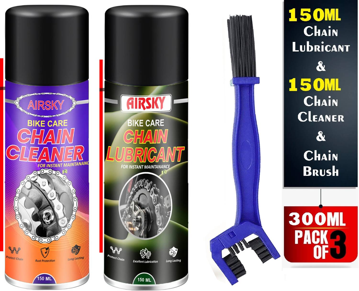 AIRSKY 1 Chain Lube, 1 Chain Cleaner, 1 Brush Chain Cleaner & Chain Lubricant Spray with Chain Brush Chain Oil