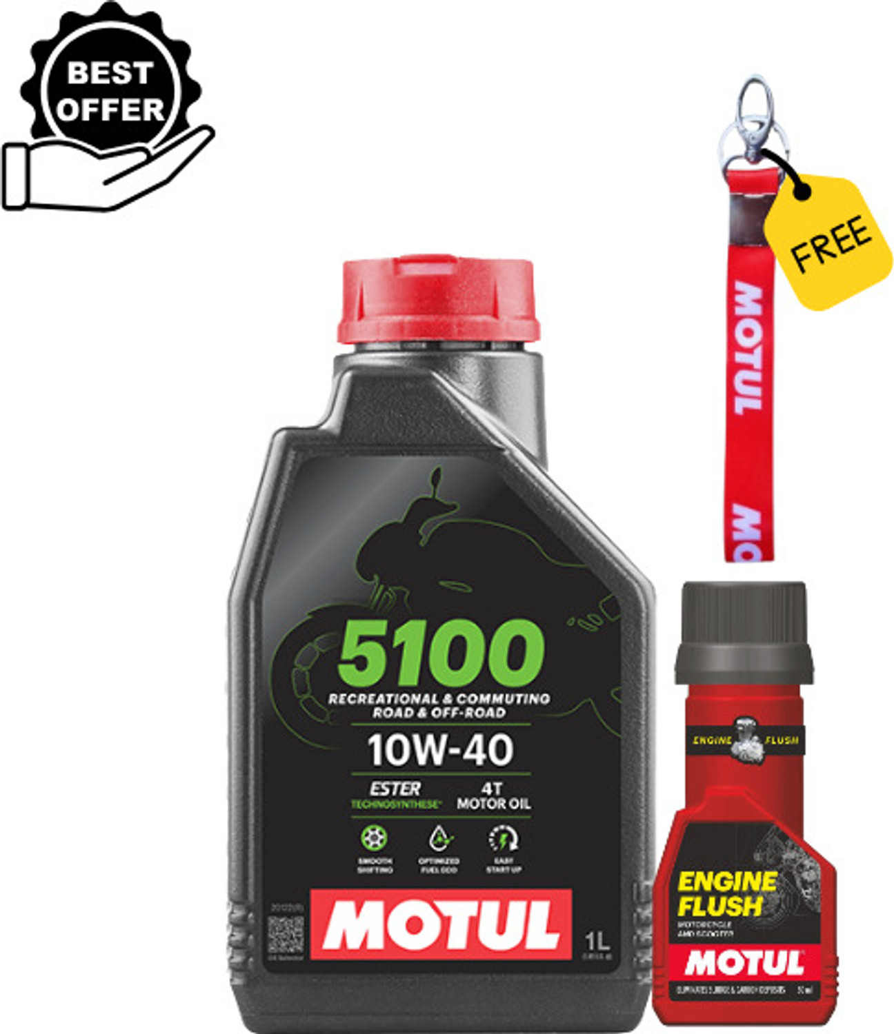Image of MOTUL 5100 10W40-1L & ENGINE FLUSH-50ML WITH FREE KEYCHAIN Full-Synthetic Engine Oil