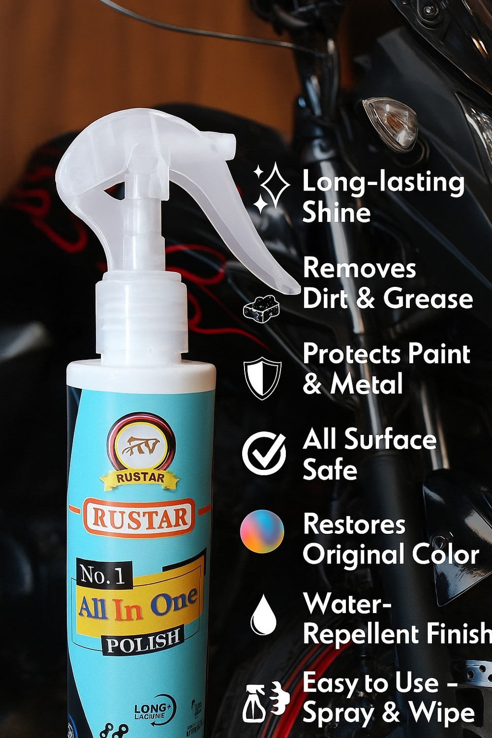 Image of RUSTAR Combo of Chain Cleaner+ Chain Lubricant+ Bike & Car Polish with Cleaning Brush & Foam | Shines & Protects Chain| Car Dashboard Interior & Exterior Cleaning| Chain Oil