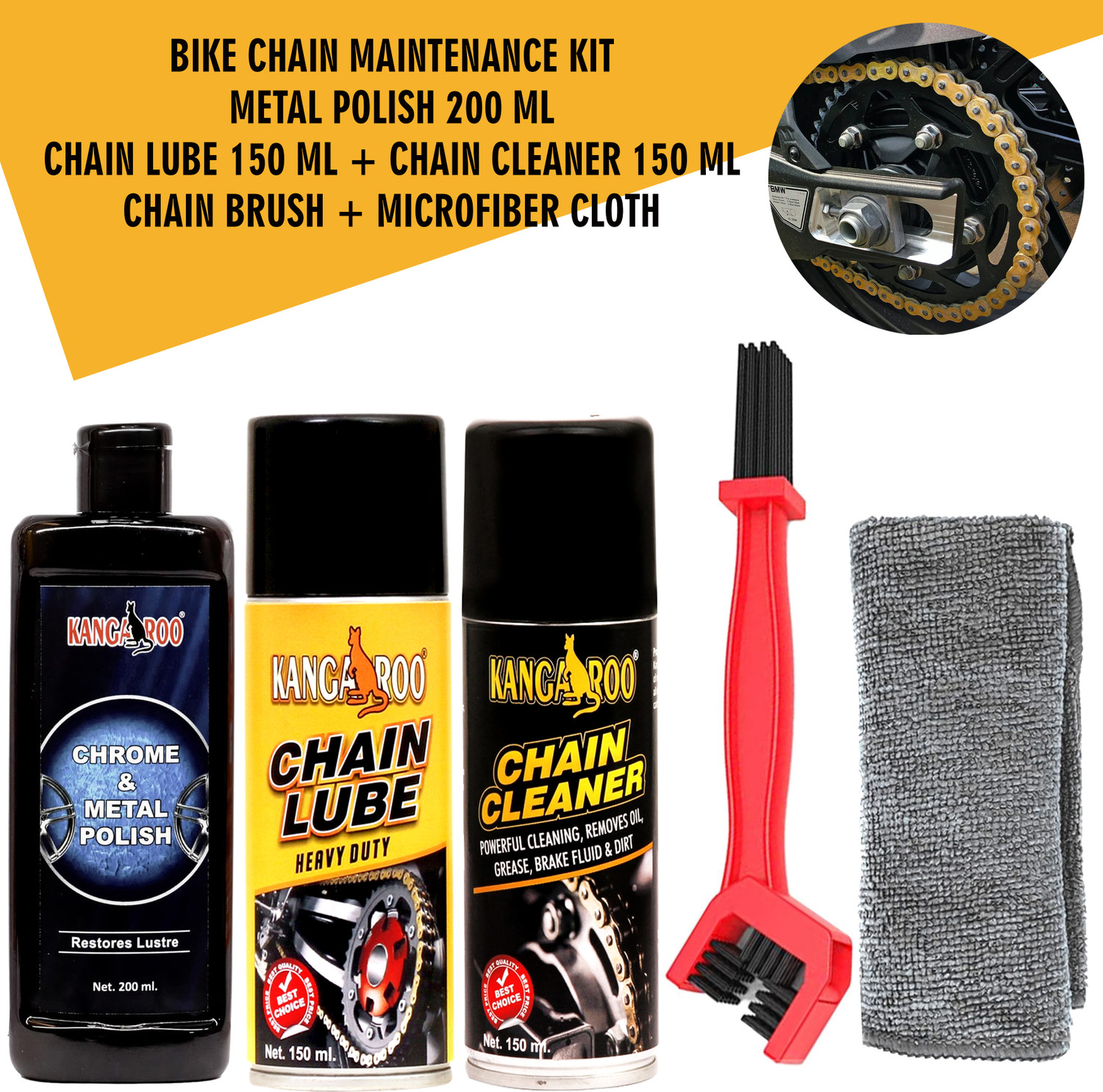 Image of KANGAROO Chain Lube + Chain Cleaner 150 ml Each + Chrome Metal Polish 200 ml With Chain Cleaning Brush | Microfiber Cloth | Bike Care and Maintenance Kit Chain Oil