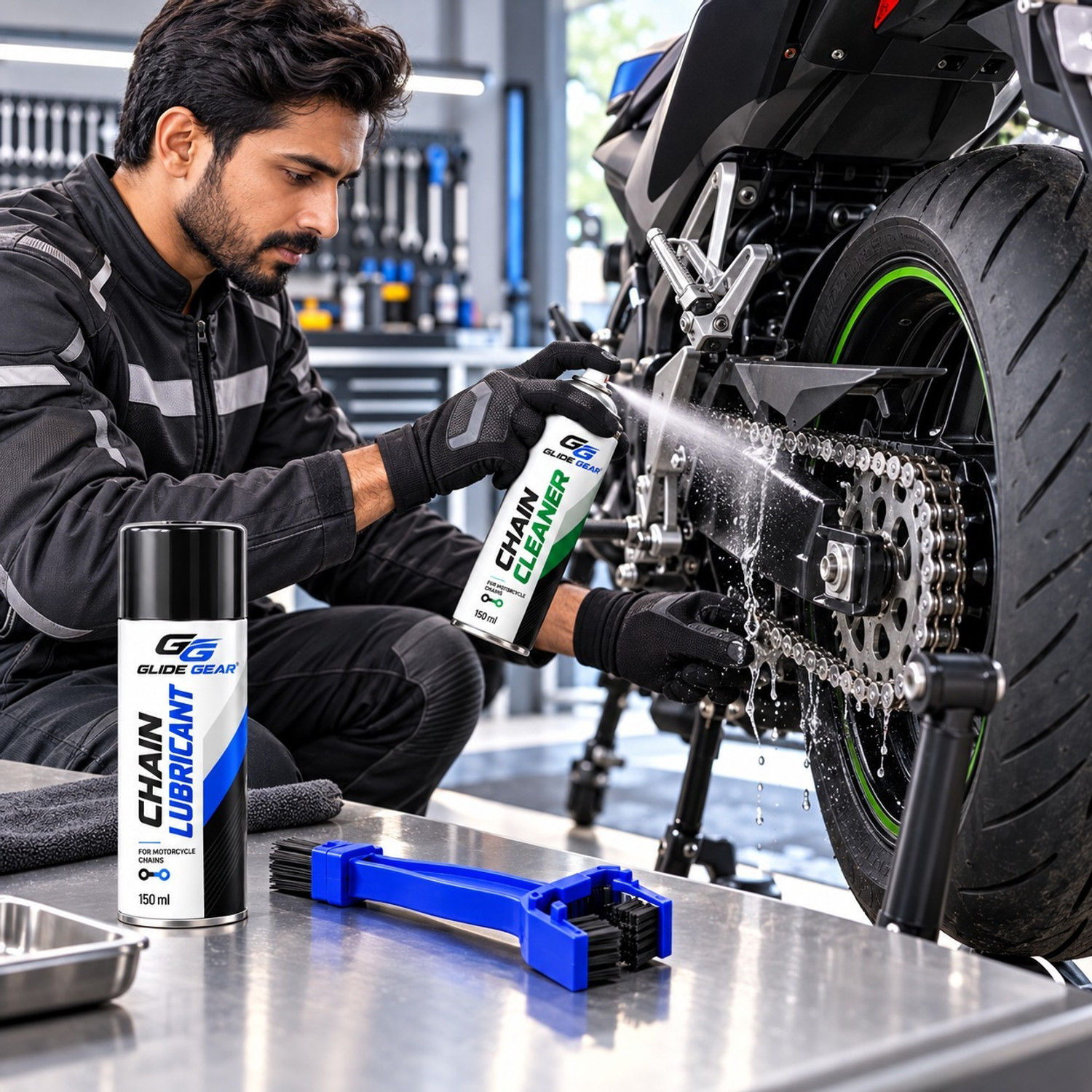 Image of Glide Gear Professional Bike Chain Cleaner And Lubricant Combo For Daily Maintenance High Performance Motorcycle Chain Care Combo With Cleaner Lubricant Chain Oil (300 ml, Pack of 3)