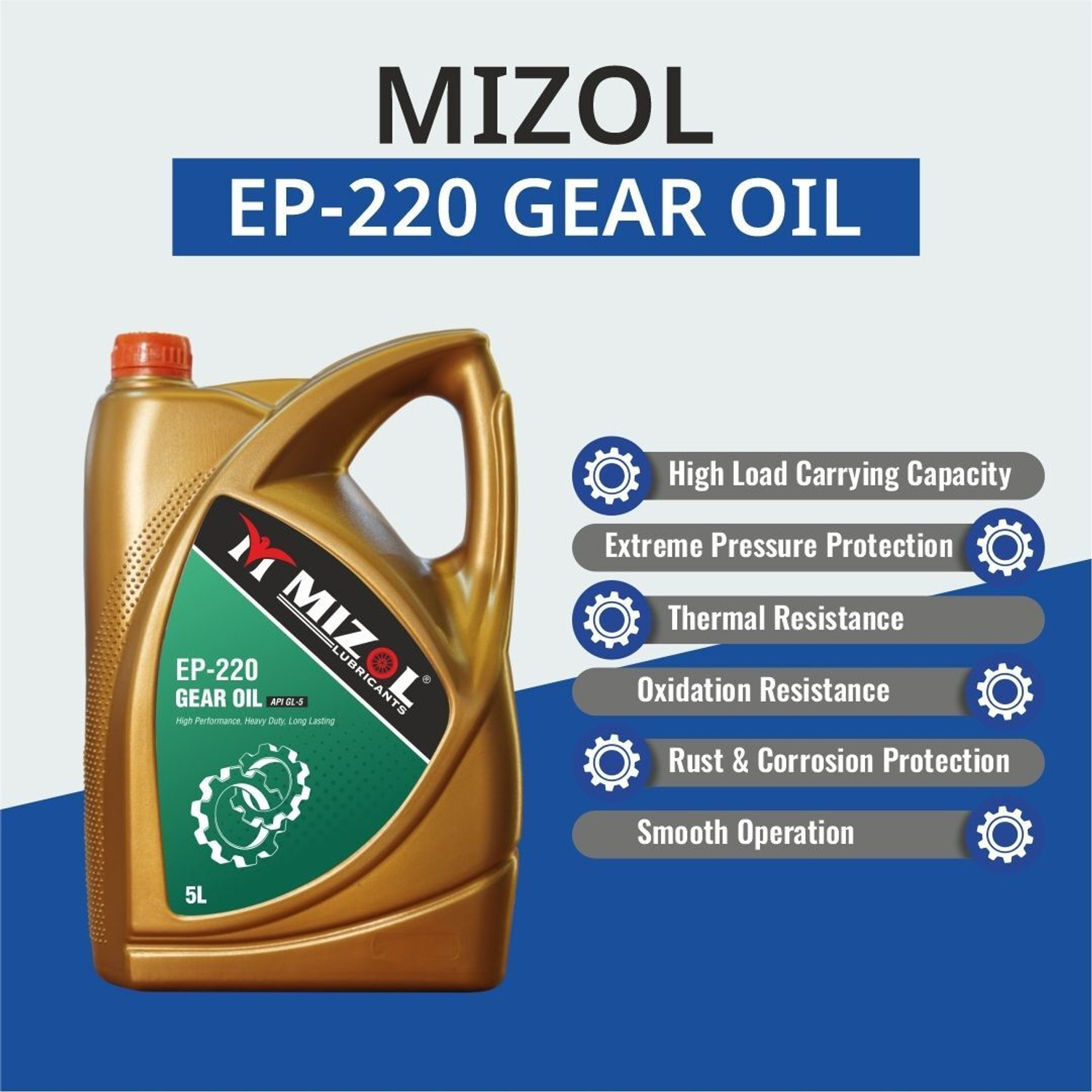 Image of Mizol Premium Quality 5L EP-220 API GL-5 Extreme pressure Heavy-Duty Gear Oil