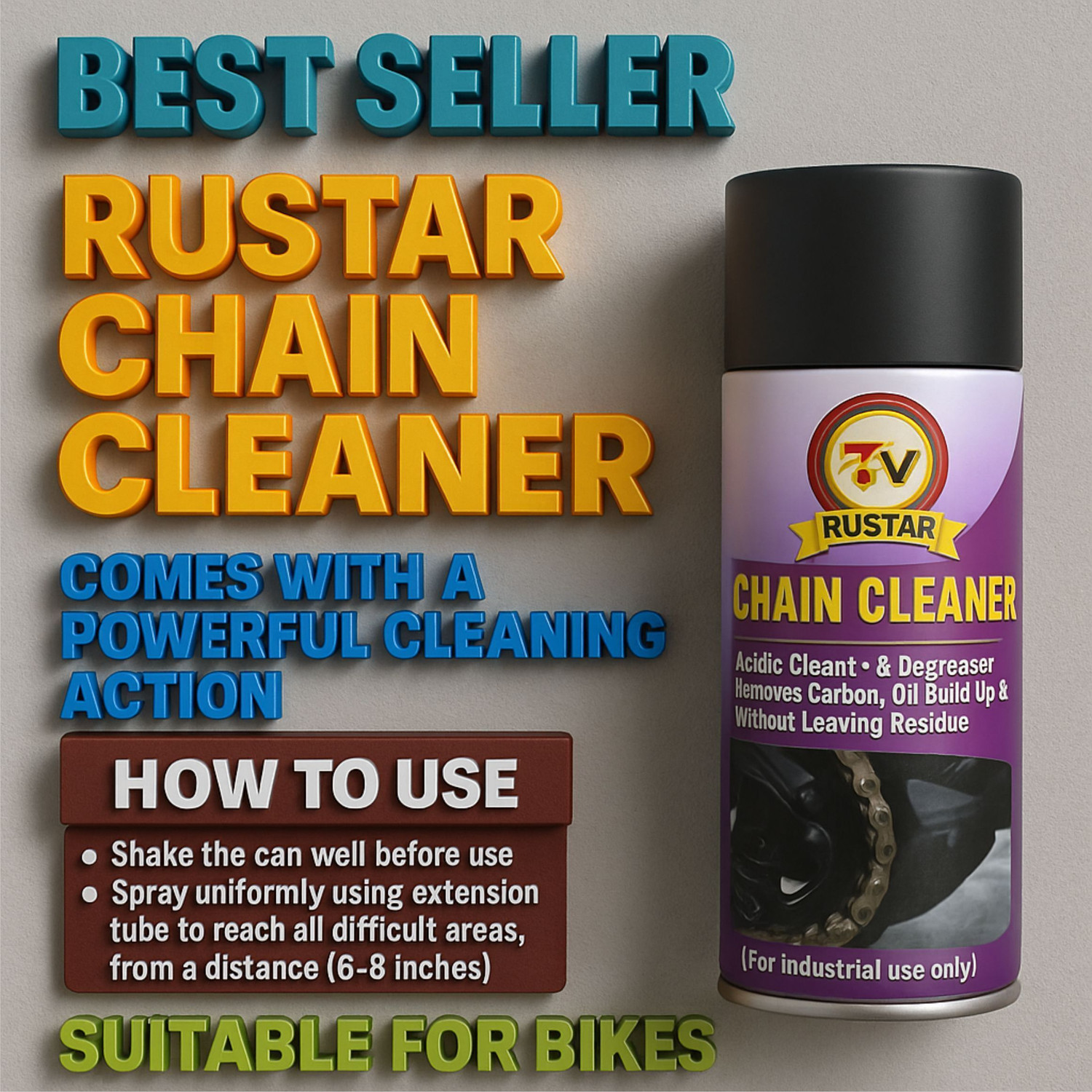 Image of RUSTAR Combo of Chain Cleaner+ Chain Lubricant+ Bike & Car Polish with Cleaning Brush & Foam | Shines & Protects Chain| Car Dashboard Interior & Exterior Cleaning| Chain Oil
