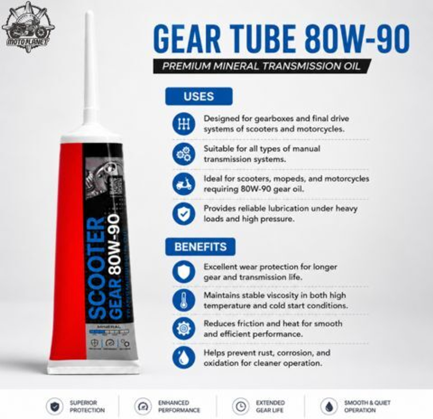 Image of MOTO PLANET MPD-SCOOTER GEAR TUBE 80W-90-120ML FOR SCOOTERS High-Performance Transmission Oil for Smooth Acceleration & Anti-Wear Gear Protection Gear Oil (120 ml)