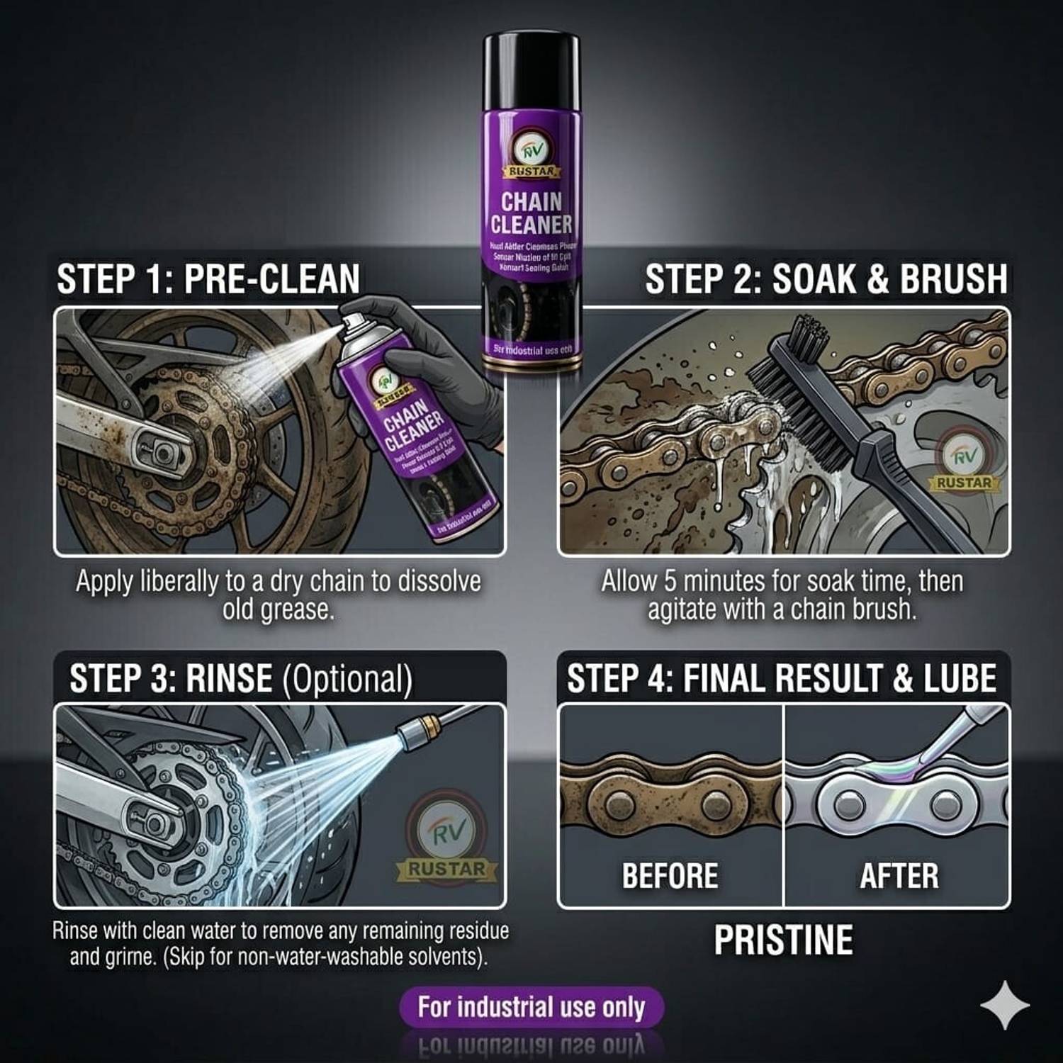 RUSTAR Chain Lube, Cleaner, Polish, Throttle Body Cleaner Combo - Image 3