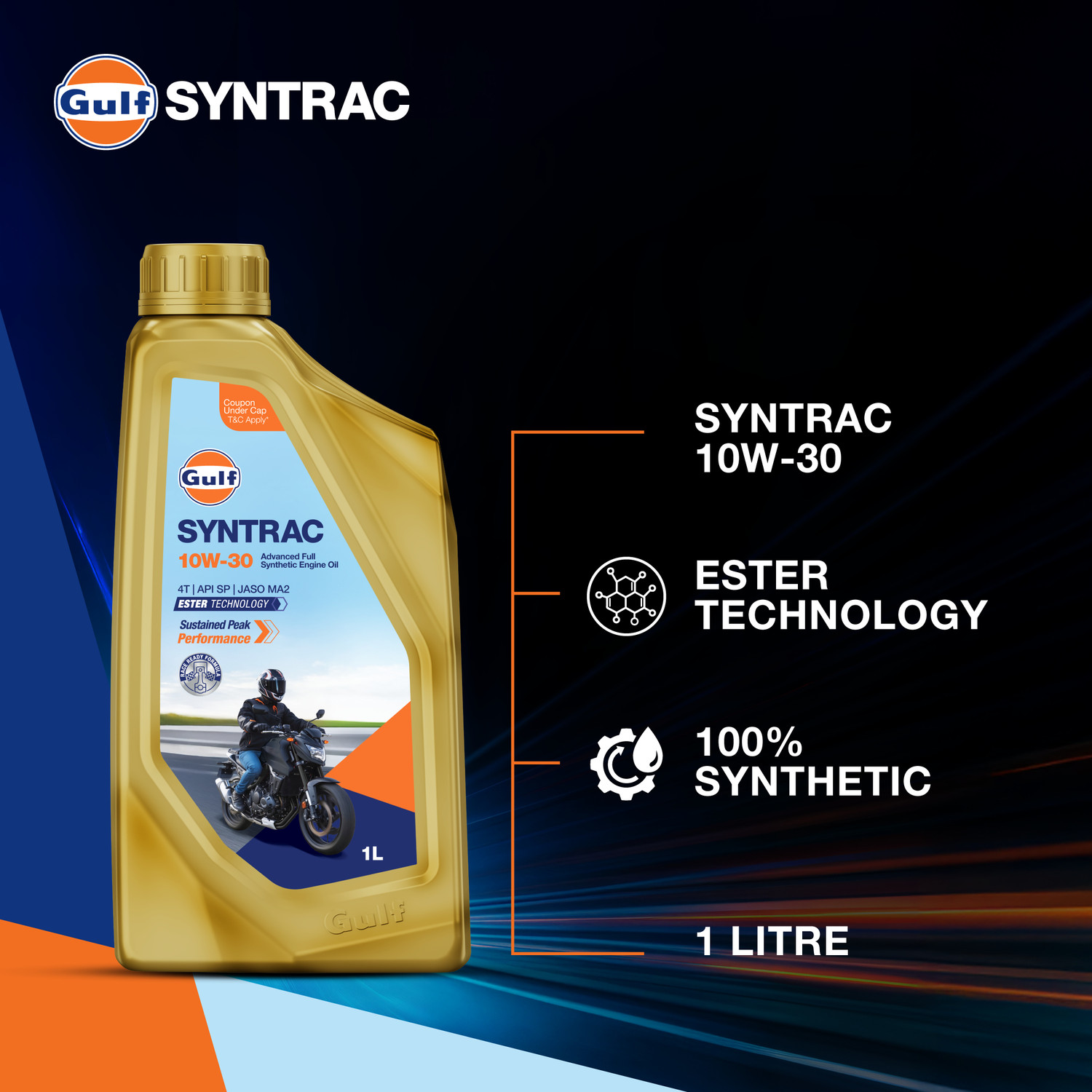Image of Gulf SYNTRAC 10W-30 4T API SP, JASO MA2 | Ester Technology | 2 Wheeler Bike Advanced 100% Full-Synthetic Engine Oil