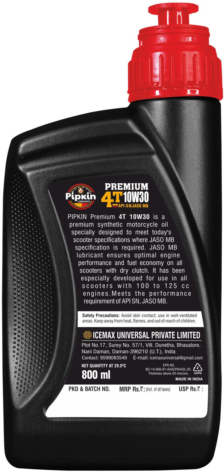 Image of PIPKIN Premium 4T 10W30 SN 800ml | Engine Oil with Protective Synthetic Chemistry For BS VI Compatible for New Generation 4 Stroke, Two Wheelers Bikes High Performance Engine Oil (3200 ml, Pack of 4)