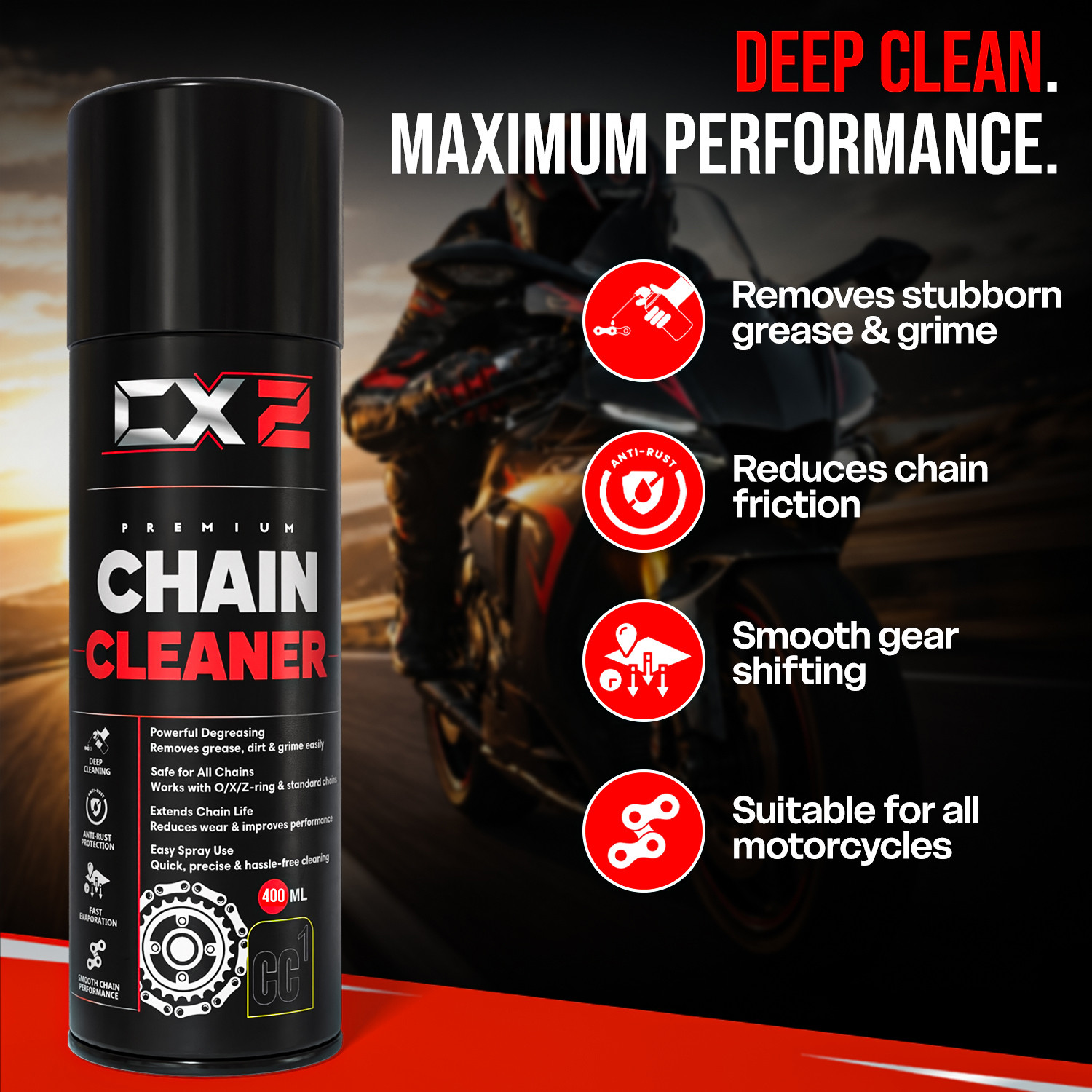 Image of CX2 Bike Chain Cleaner & Chain Lubricant Spray Combo 150ml Each | Anti-Rust, Chain Care Kit for Motorcycles and Bicycle | Smooth Ride Formula Bike Accessories Chain Oil