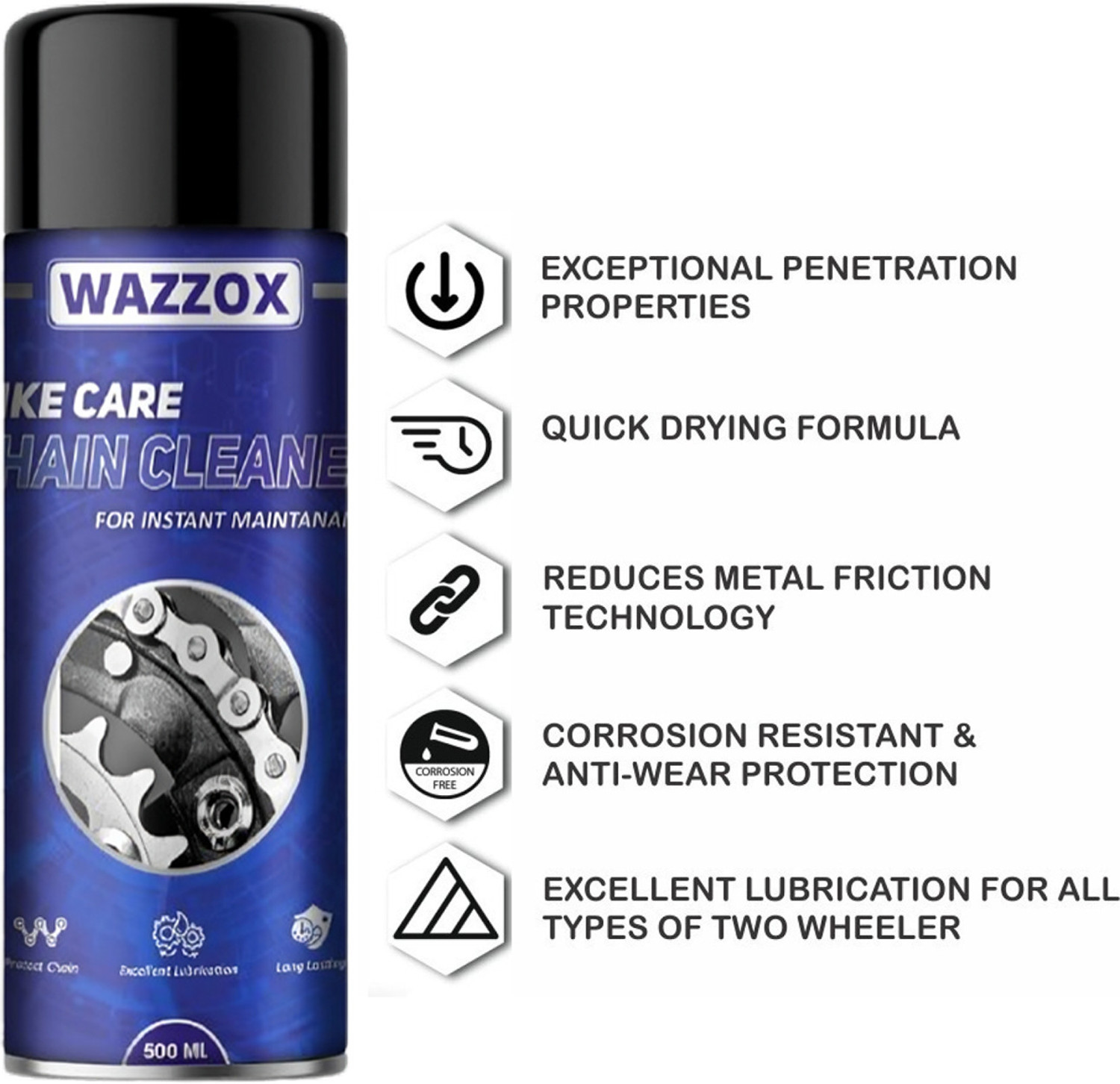 Image of WAZZOX Premium Bike Chain Cleaner / Degreaser Spray For Motorbike & Bicycle Chain Cleaner | Shines & Protects Chain Oil