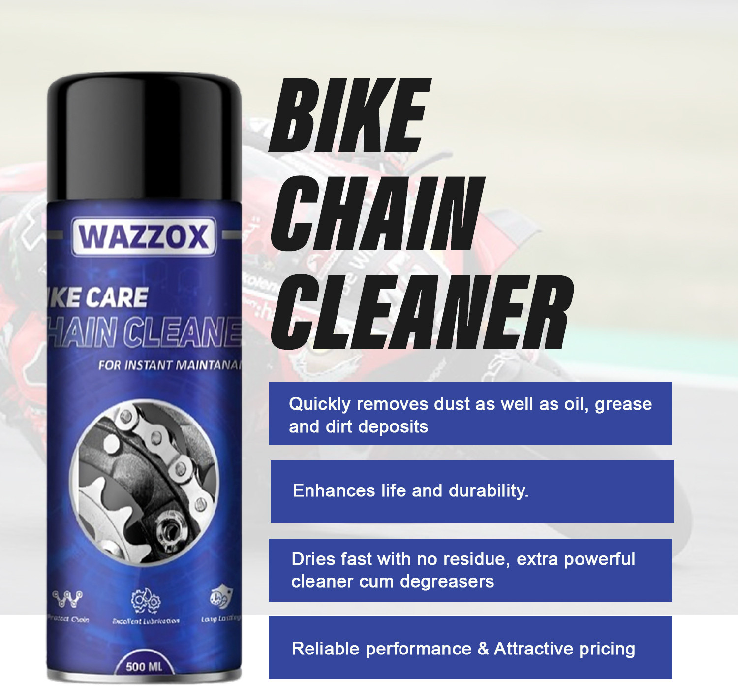 Image of WAZZOX Premium Bike Chain Cleaner / Degreaser Spray For Motorbike & Bicycle Chain Cleaner | Shines & Protects Chain Oil