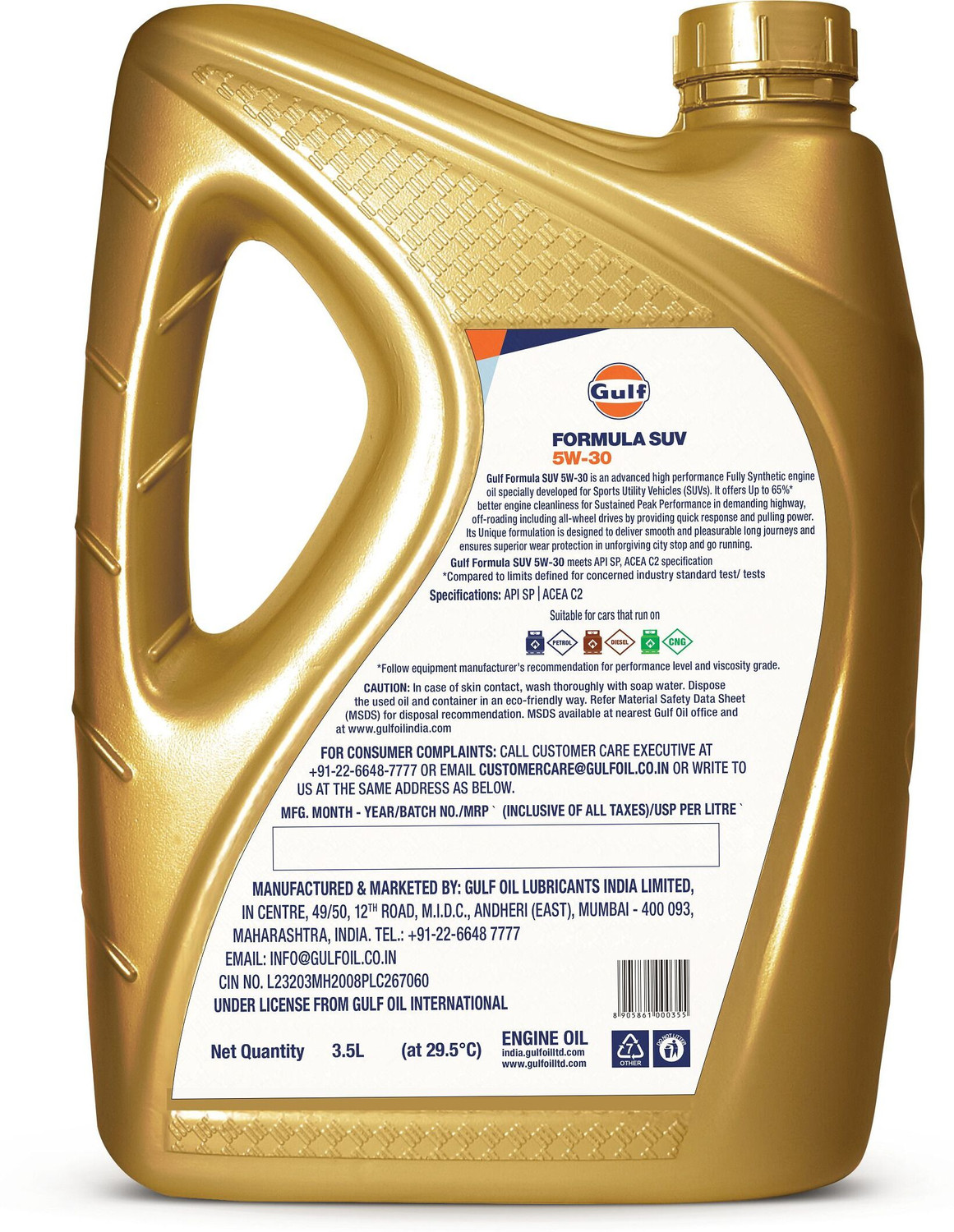 Image of Gulf FORMULA SUV 5W-30 API SP, ACEA C2 | Modern Petrol, Diesel, E20, CNG SUVs | 4 Wheeler Car Advanced Full-Synthetic Engine Oil