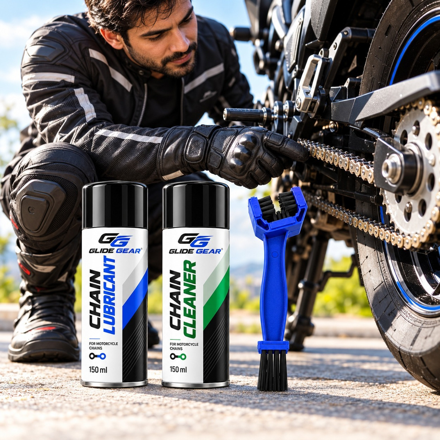 Image of Glide Gear Professional Bike Chain Cleaner And Lubricant Combo For Daily Maintenance High Performance Motorcycle Chain Care Combo With Cleaner Lubricant Chain Oil (300 ml, Pack of 3)