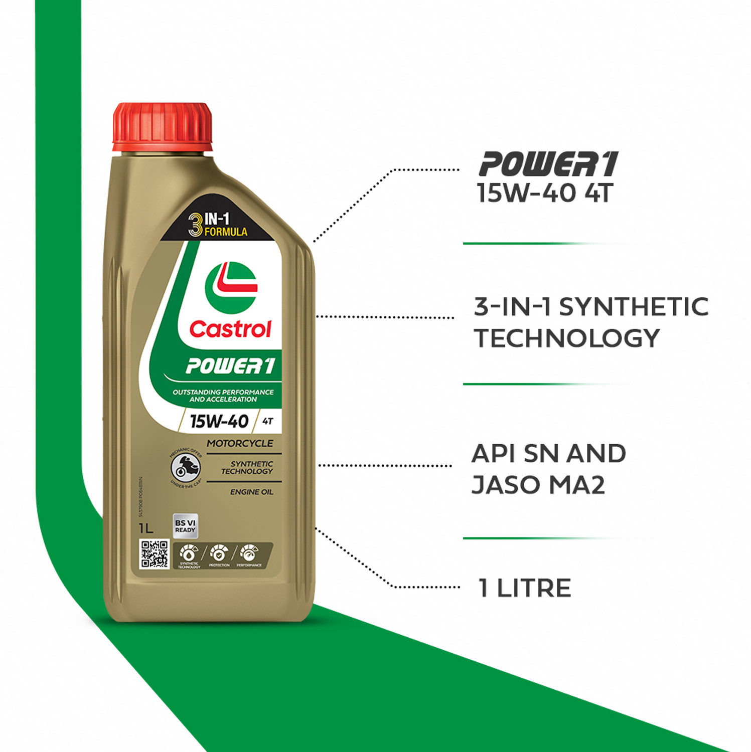 Image of Castrol 4T 15W-40 (1 Litre) POWER1 4T Engine Oil for Bikes with 3in1 Technology BS VI Ready Full-Synthetic Engine Oil