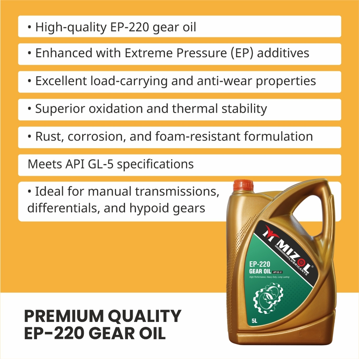 Image of Mizol Premium Quality 5L EP-220 API GL-5 Extreme pressure Heavy-Duty Gear Oil