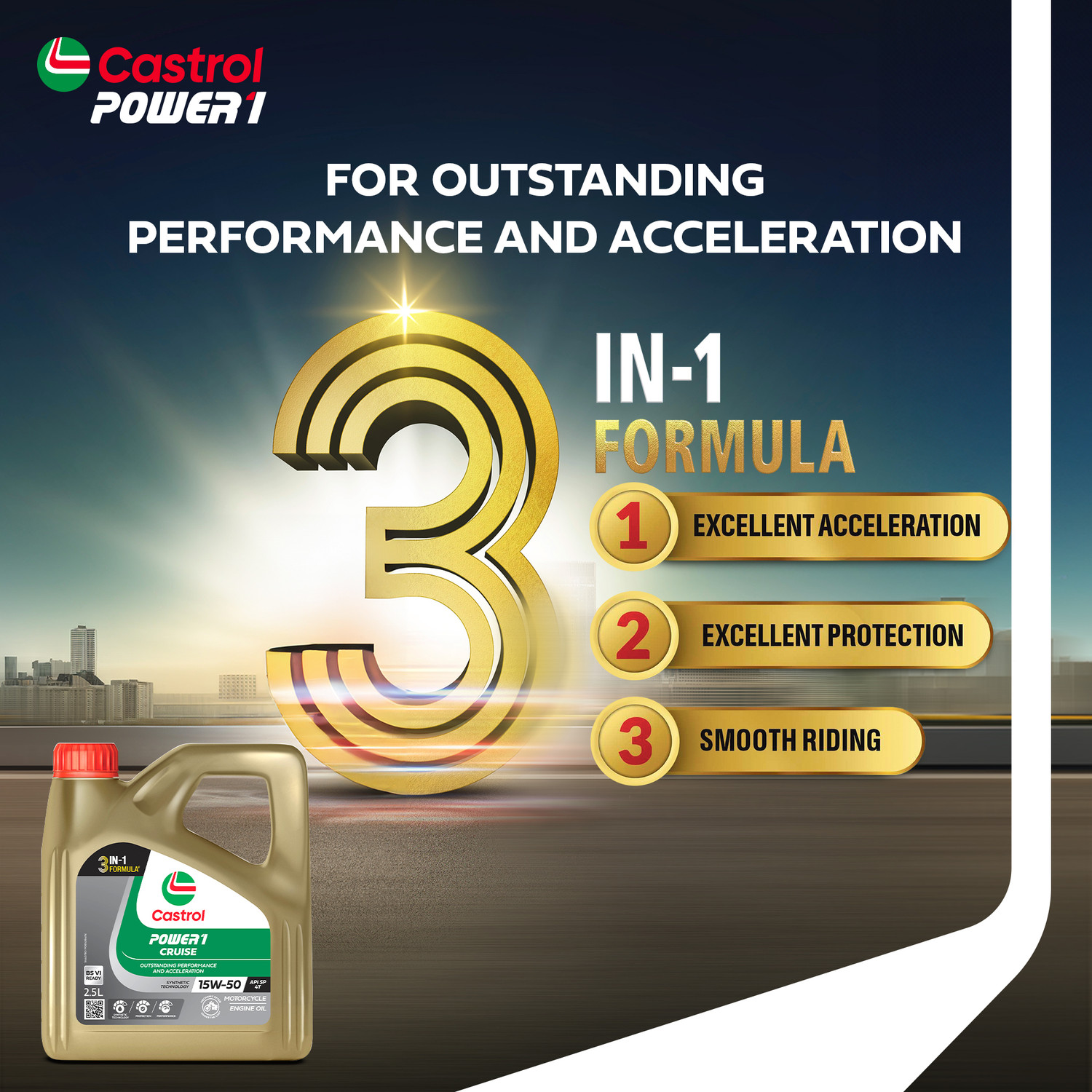 Image of Castrol POWER1 CRUISE 15W-50 4T Engine Oil for High Performance Bikes|3-in-1 Synthetic Technology|BS VI Ready Full-Synthetic Engine Oil