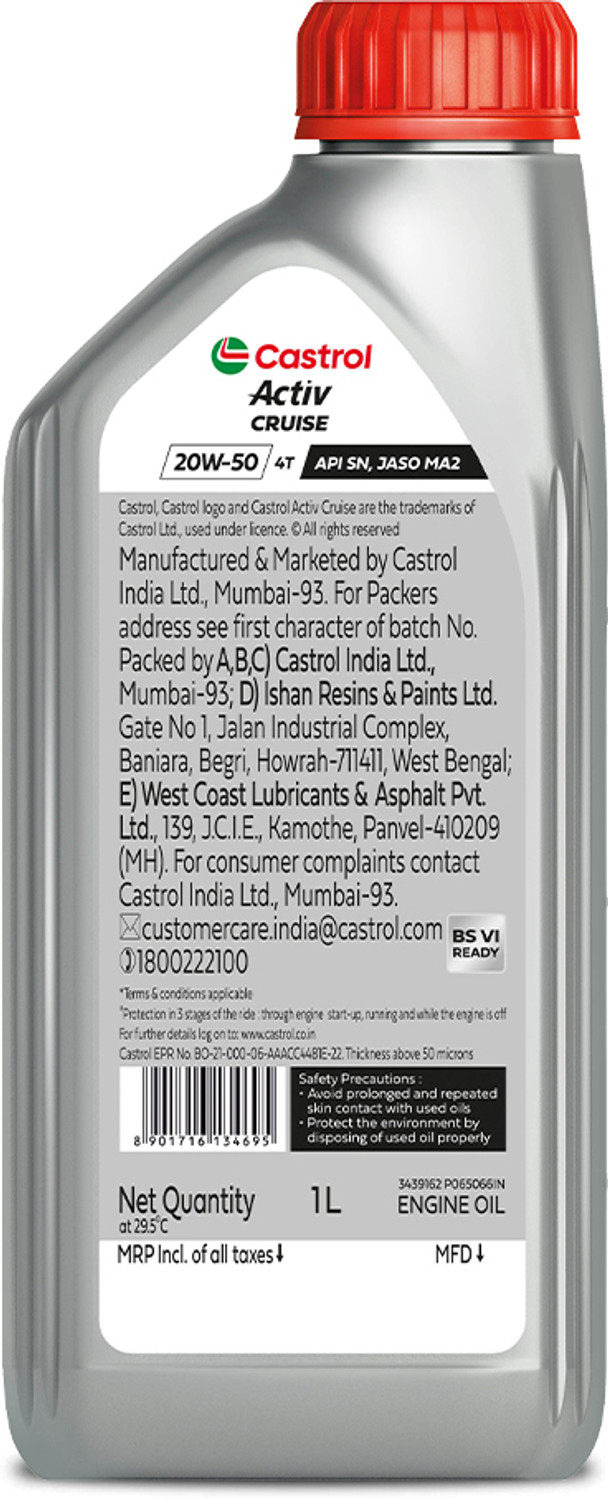 Image of Castrol Activ CRUISE 20W-50 4T for Bajaj Bikes 3X Protection with Actibond Technology for Bikes|API SN & JASO MA2 Synthetic Blend Engine Oil