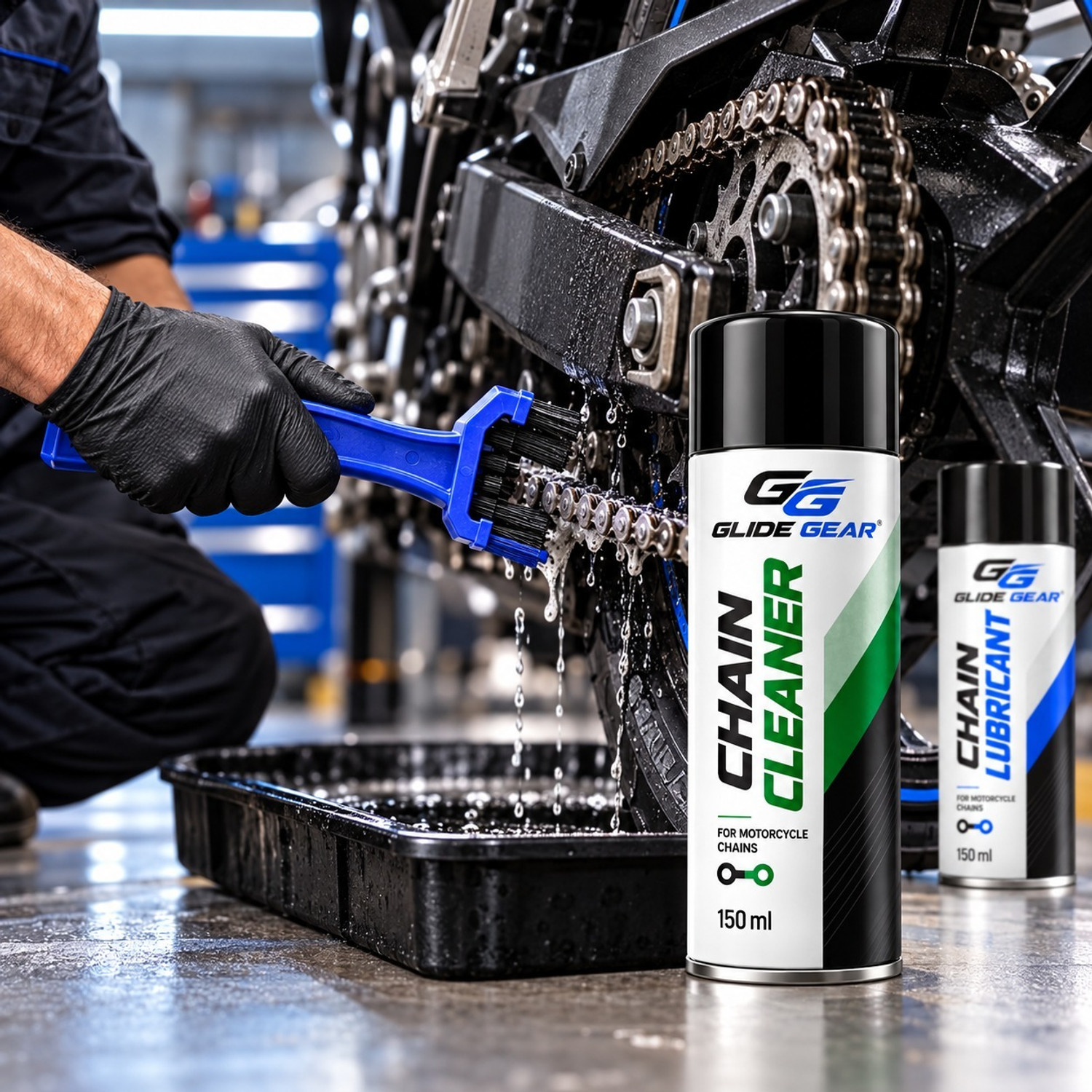 Image of Glide Gear Professional Bike Chain Cleaner And Lubricant Combo For Daily Maintenance High Performance Motorcycle Chain Care Combo With Cleaner Lubricant Chain Oil (300 ml, Pack of 3)