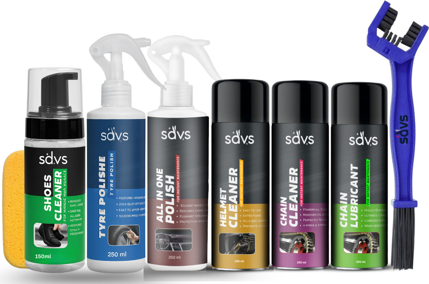 Image of SAVS Combo Of Chain Lubricant + Chain Cleaner + Helmet Cleaner + Bike Polish + Tyre Polish + Shoes Cleaner + Cleaning Brush + Sponge| Exterior Cleaning Complete kit Chain Oil