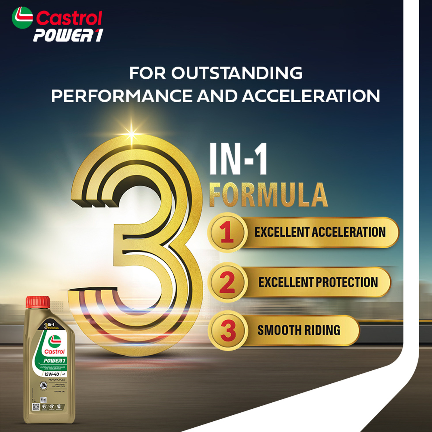 Image of Castrol 4T 15W-40 (1 Litre) POWER1 4T Engine Oil for Bikes with 3in1 Technology BS VI Ready Full-Synthetic Engine Oil