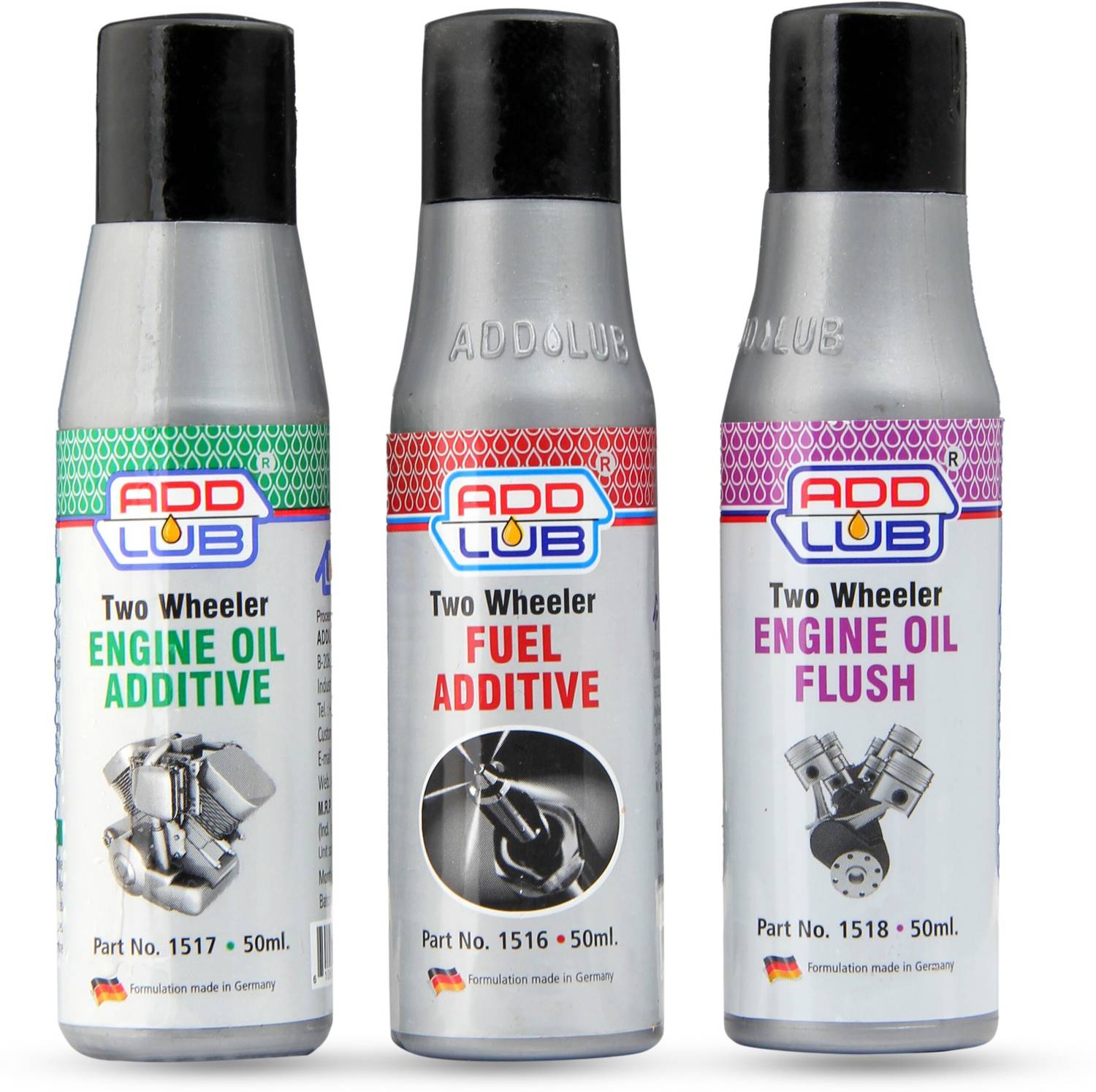 ADDLUB Premium Quality Bike Engine Oil Additive, Flush and Fuel Additive 50ML Each Premium Quality Bike Engine Oil Additive, Engine Flush & Petrol Fuel Additive Oil Flush and Treatment