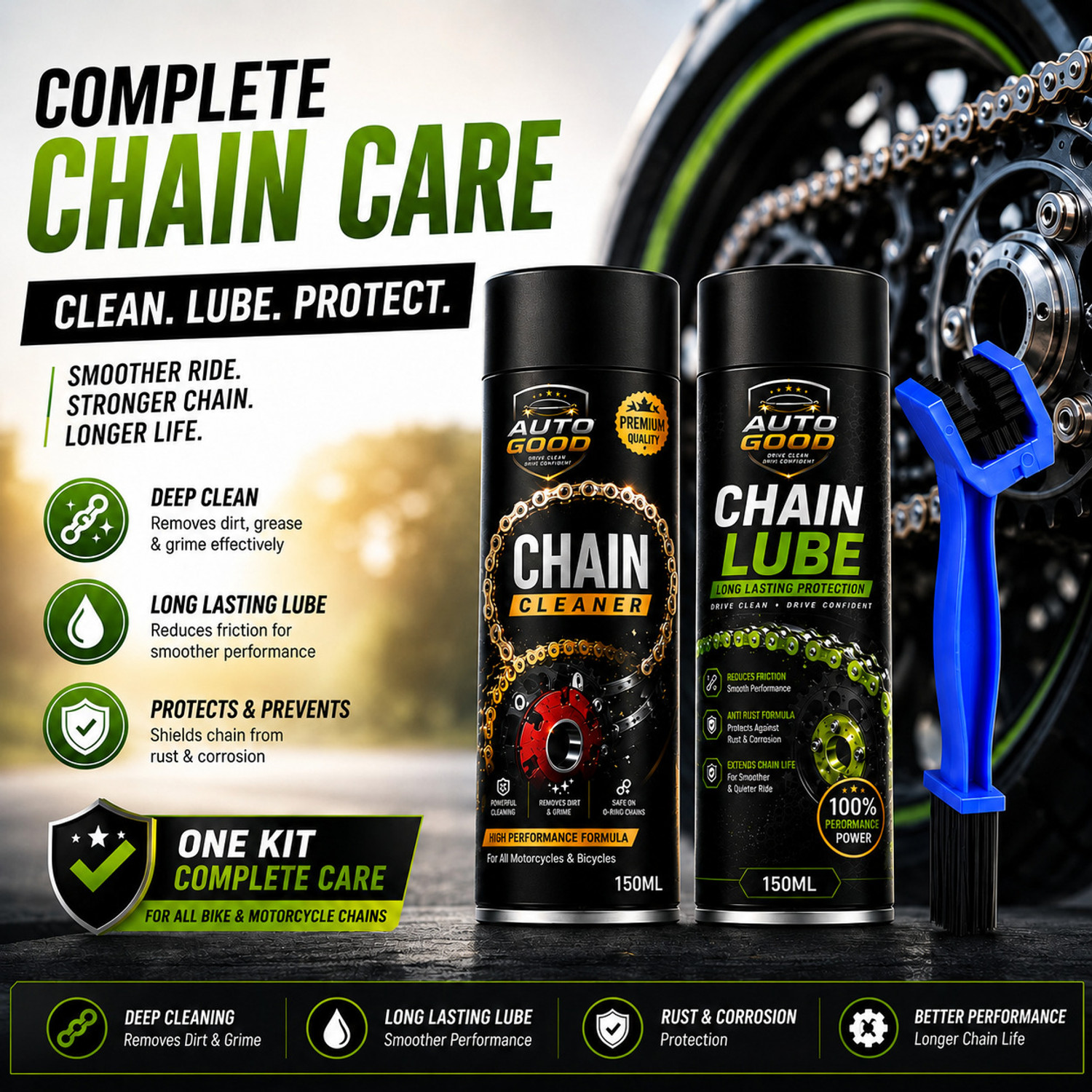 Image of Auto good Advanced Chain Maintenance Spray Kit For Long Lasting Friction High Performance Motorcycle Chain Care Combo With Cleaner Lubricant Chain Oil (1000 ml, Pack of 3)