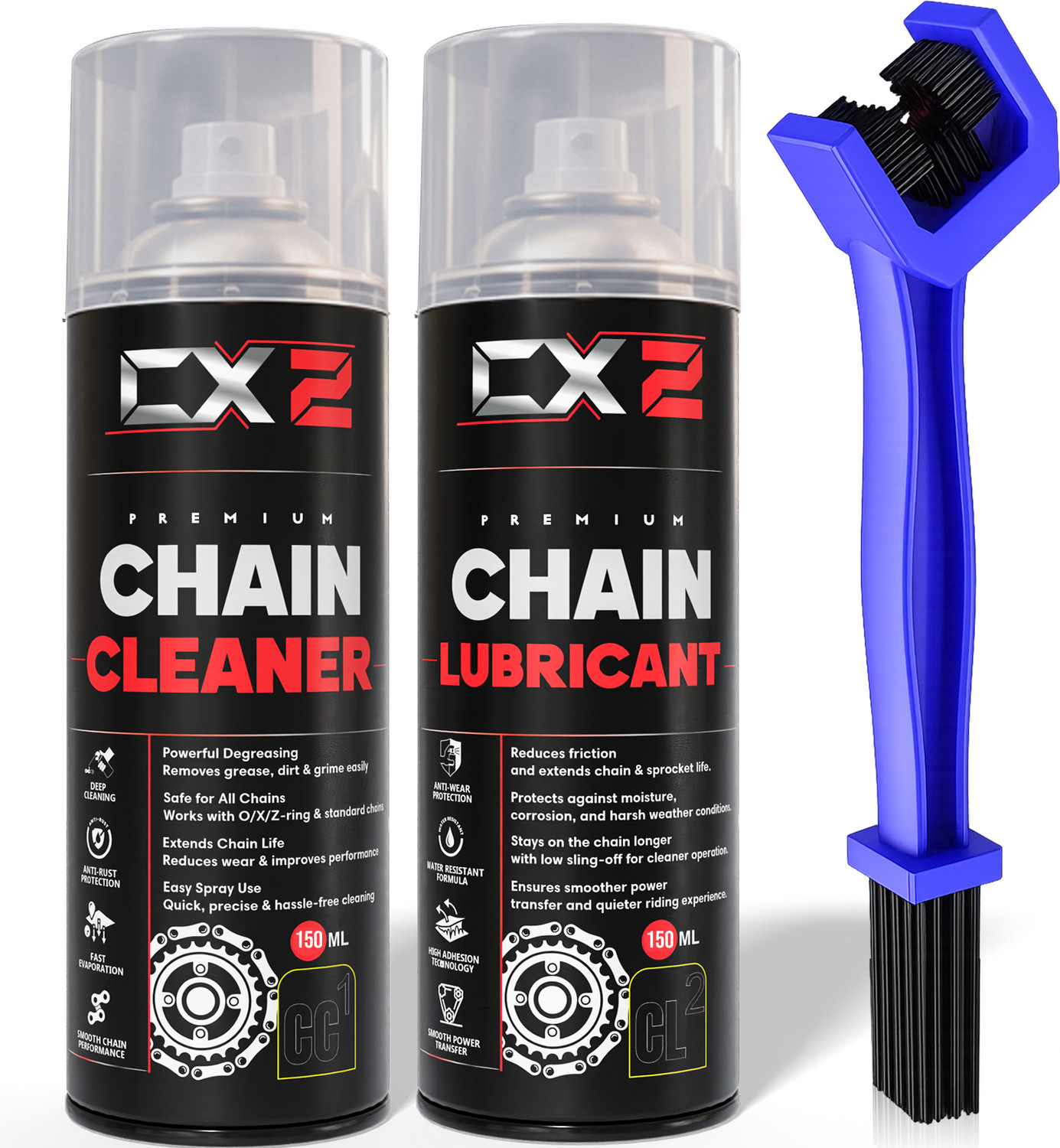Image of CX2 Bike Chain Cleaner & Chain Lubricant Spray Combo 150ml Each | Anti-Rust, Chain Care Kit for Motorcycles and Bicycle | Smooth Ride Formula Bike Accessories Chain Oil