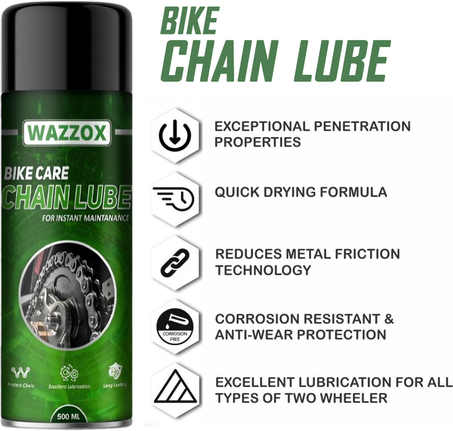 Image of WAZZOX Bike Chain Lube Lubricant Spray For All Chain Type | Lubrication | Rust protection Prevent Chain Breakage Chain Oil