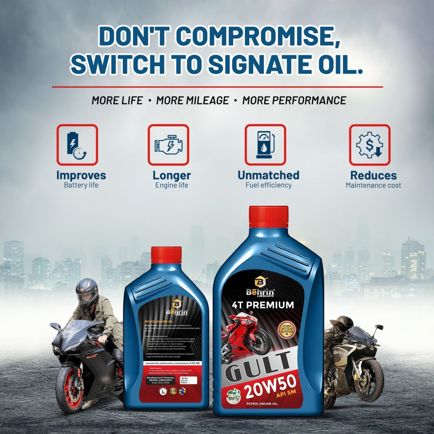 Image of behrin PREMIUM LUBRICANTA API-SN BS6 READY Synthetic Blend Engine PACK 1 GULT 20W 50 4T Synthetic Blend Engine Oil