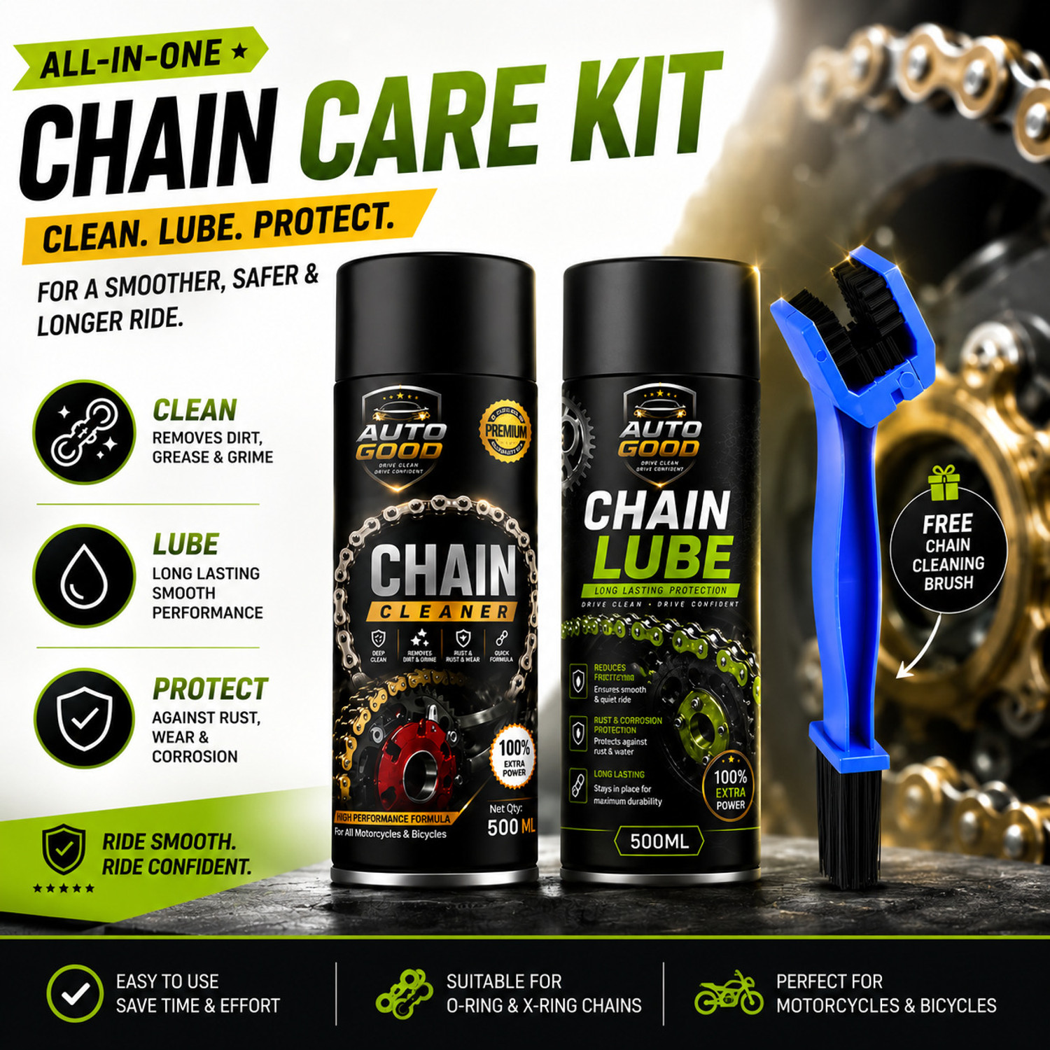 Image of Auto good Professional Bike Chain Cleaner And Lubricant Combo For Daily Maintenance High Performance Motorcycle Chain Care Combo With Cleaner Lubricant Chain Oil