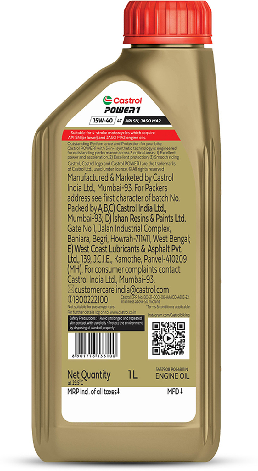 Image of Castrol 4T 15W-40 (1 Litre) POWER1 4T Engine Oil for Bikes with 3in1 Technology BS VI Ready Full-Synthetic Engine Oil