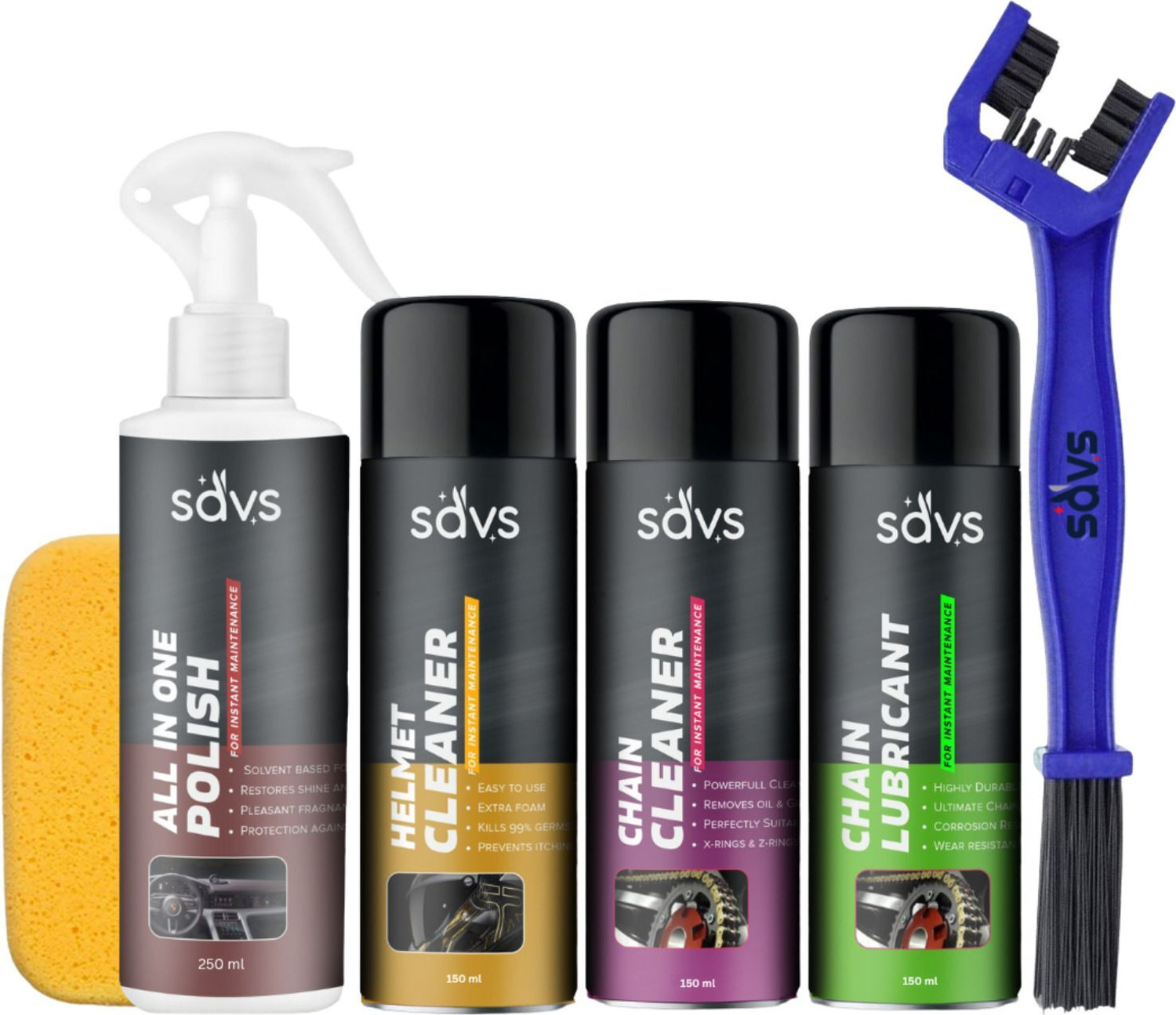 Image of SAVS Combo Of Chain Lubricant + Chain Cleaner + Helmet Cleaner + Bike Polish With Cleaning Brush | Shines & Protects Chain | Heavy Exterior Cleaning Complete kit Chain Oil