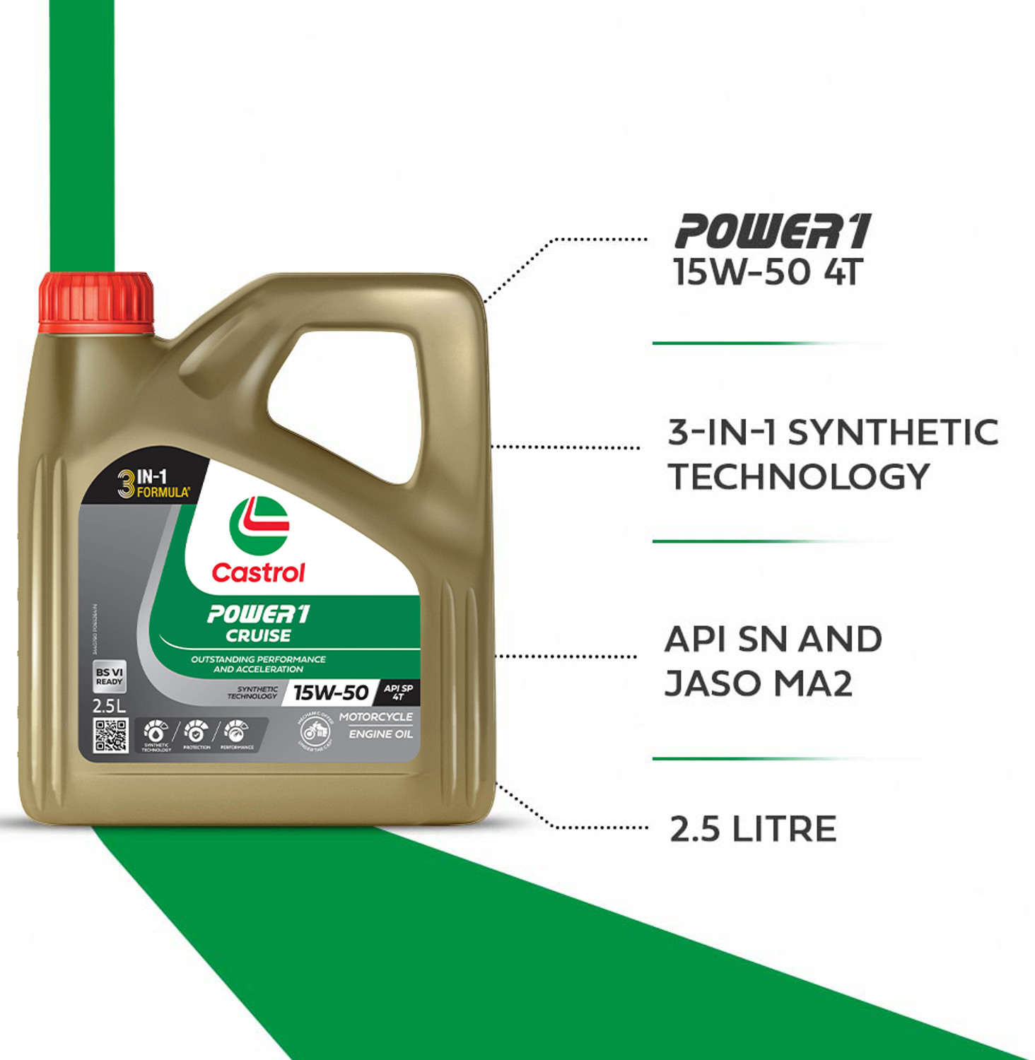 Image of Castrol POWER1 CRUISE 15W-50 4T Engine Oil for High Performance Bikes|3-in-1 Synthetic Technology|BS VI Ready Full-Synthetic Engine Oil