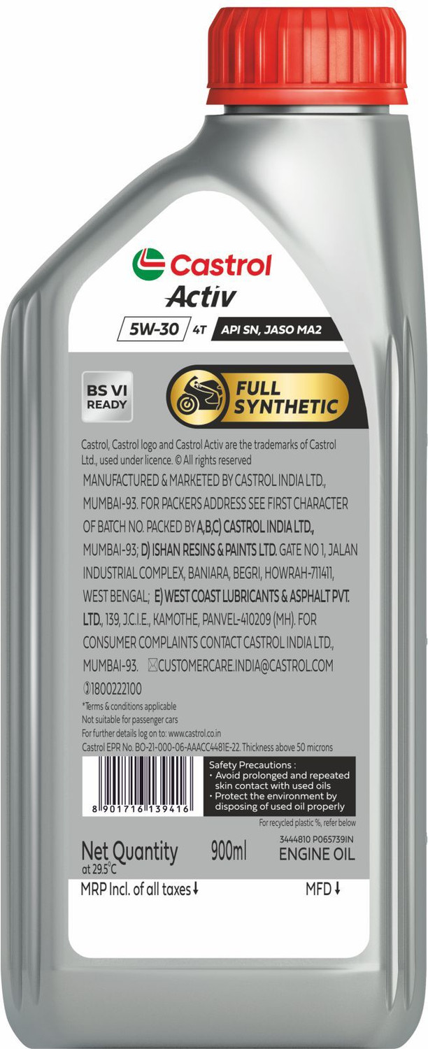 Image of Castrol Activ 4T 5W-30 for Bikes API SN and JASO MA2 Full-Synthetic Engine Oil (0.9 L, Pack of 1)