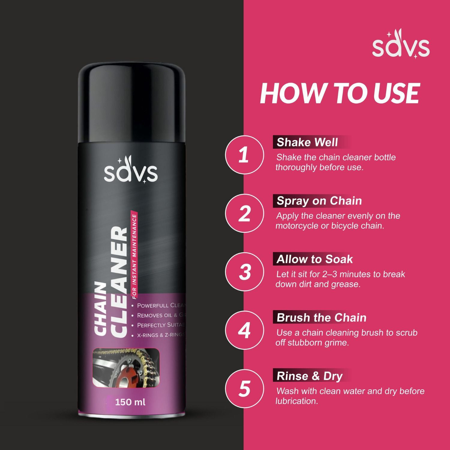Image of SAVS Combo Chain Lubricant + Chain Cleaner + Bike & Car Polish With Cleaning Brush Shines & Protects Chain | Dashboard Interior & Exterior Cleaning | Chain Oil