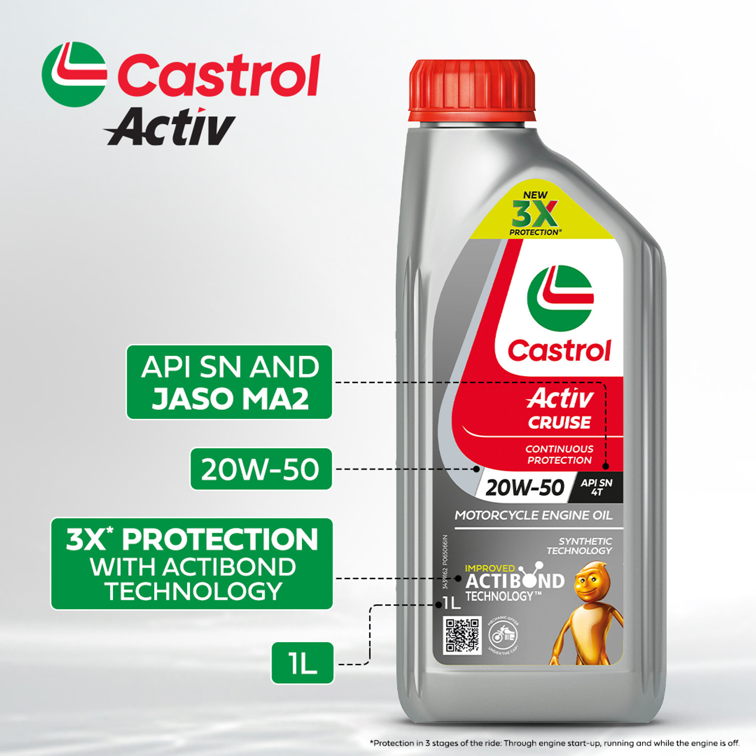 Image of Castrol Activ CRUISE 20W-50 4T for Bajaj Bikes 3X Protection with Actibond Technology for Bikes|API SN & JASO MA2 Synthetic Blend Engine Oil