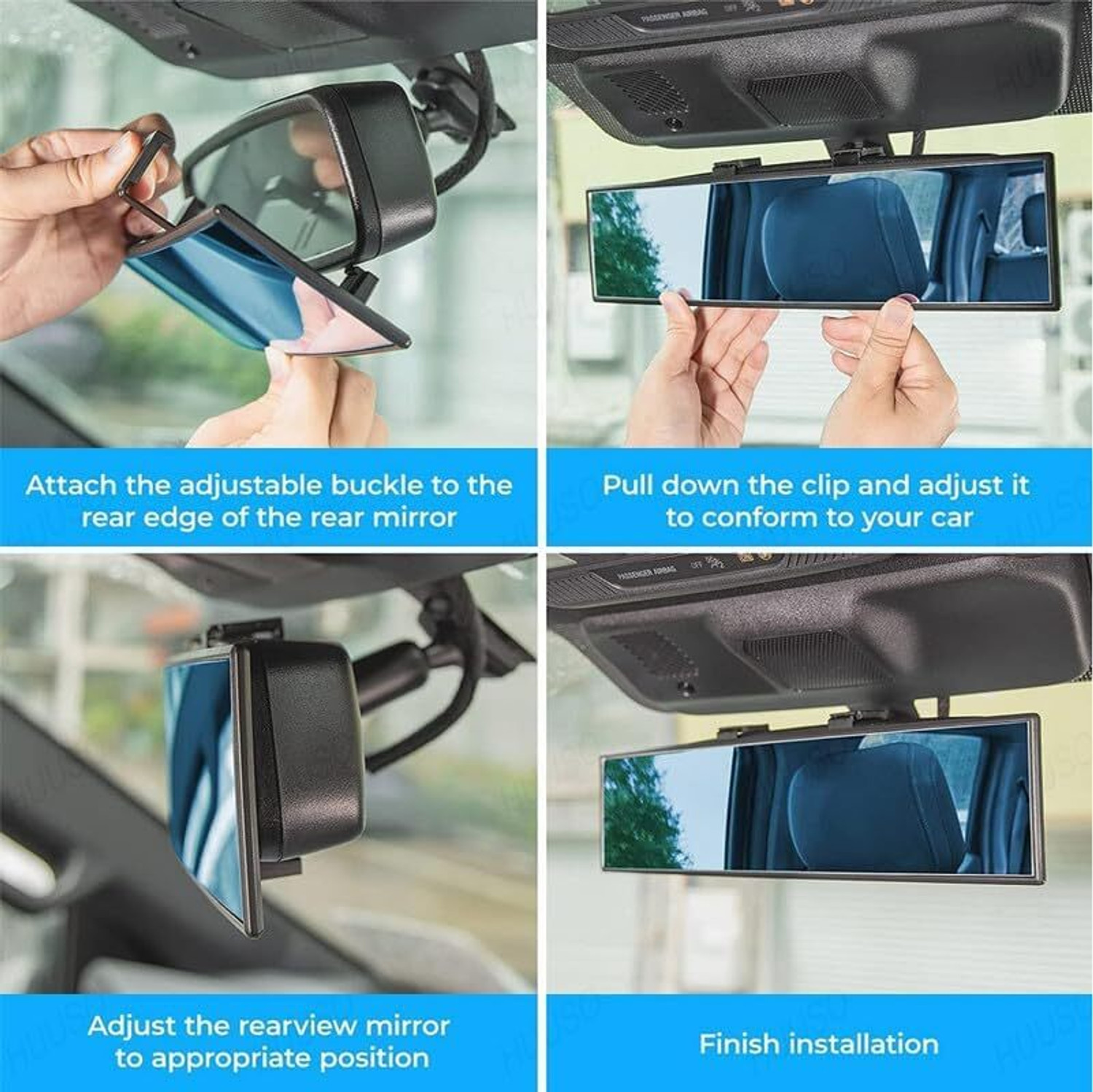 Image of PORMONO Mirror, Clip On Wide Angle Panoramic Interior Extended Anti-Glare, Blue Car Curtain