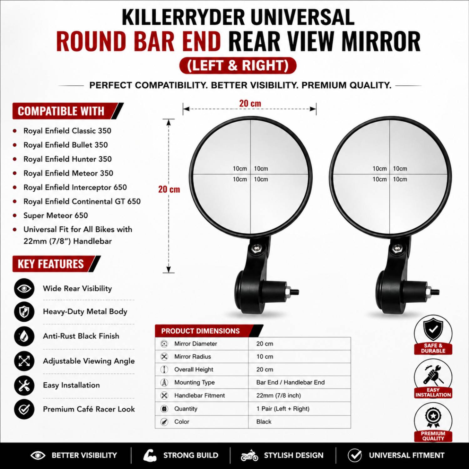 KILLERRYDER Manual Rear View Mirror for Bike - Image 5