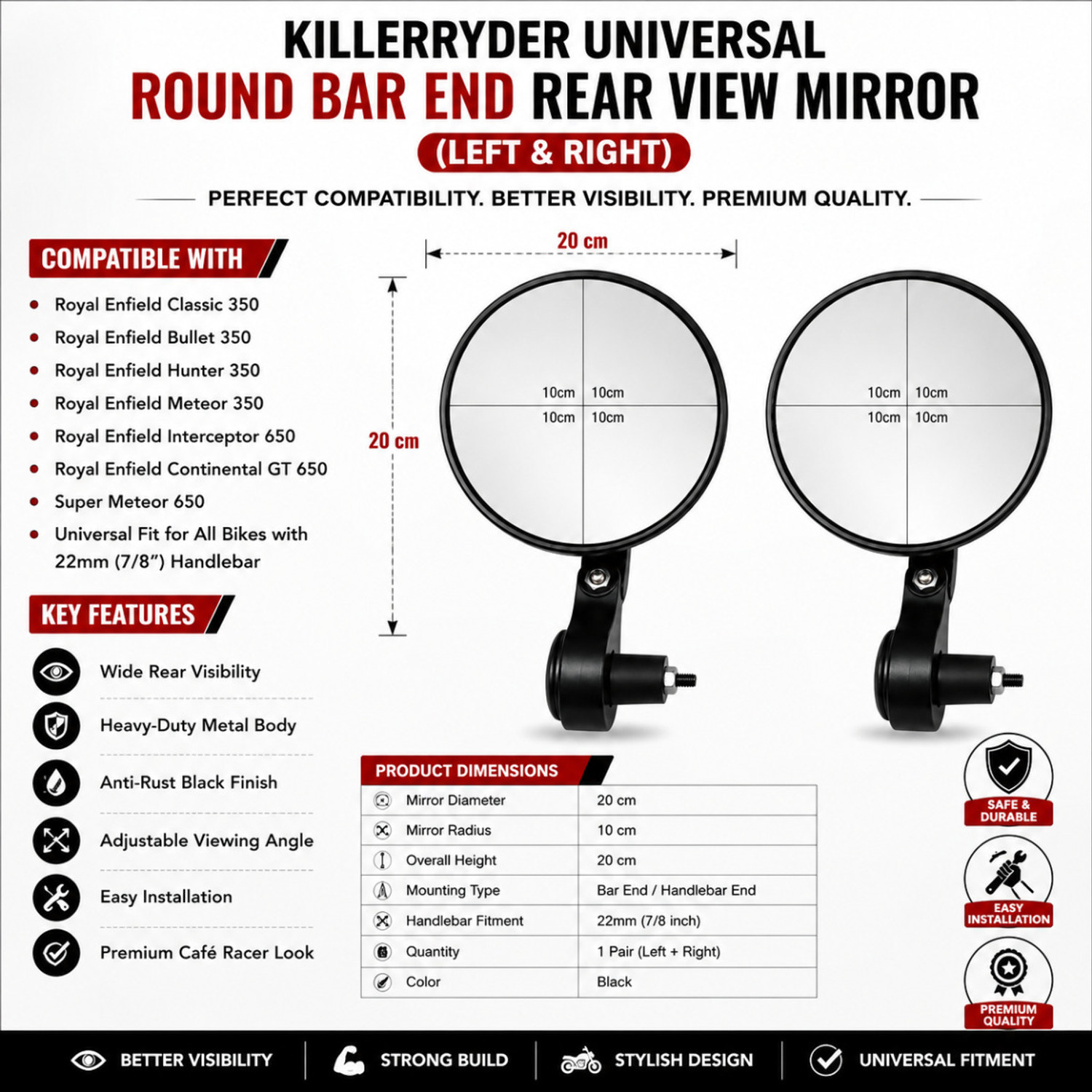 Image of KILLERRYDER Manual Rear View Mirror For Universal For Bike Universal For Bike